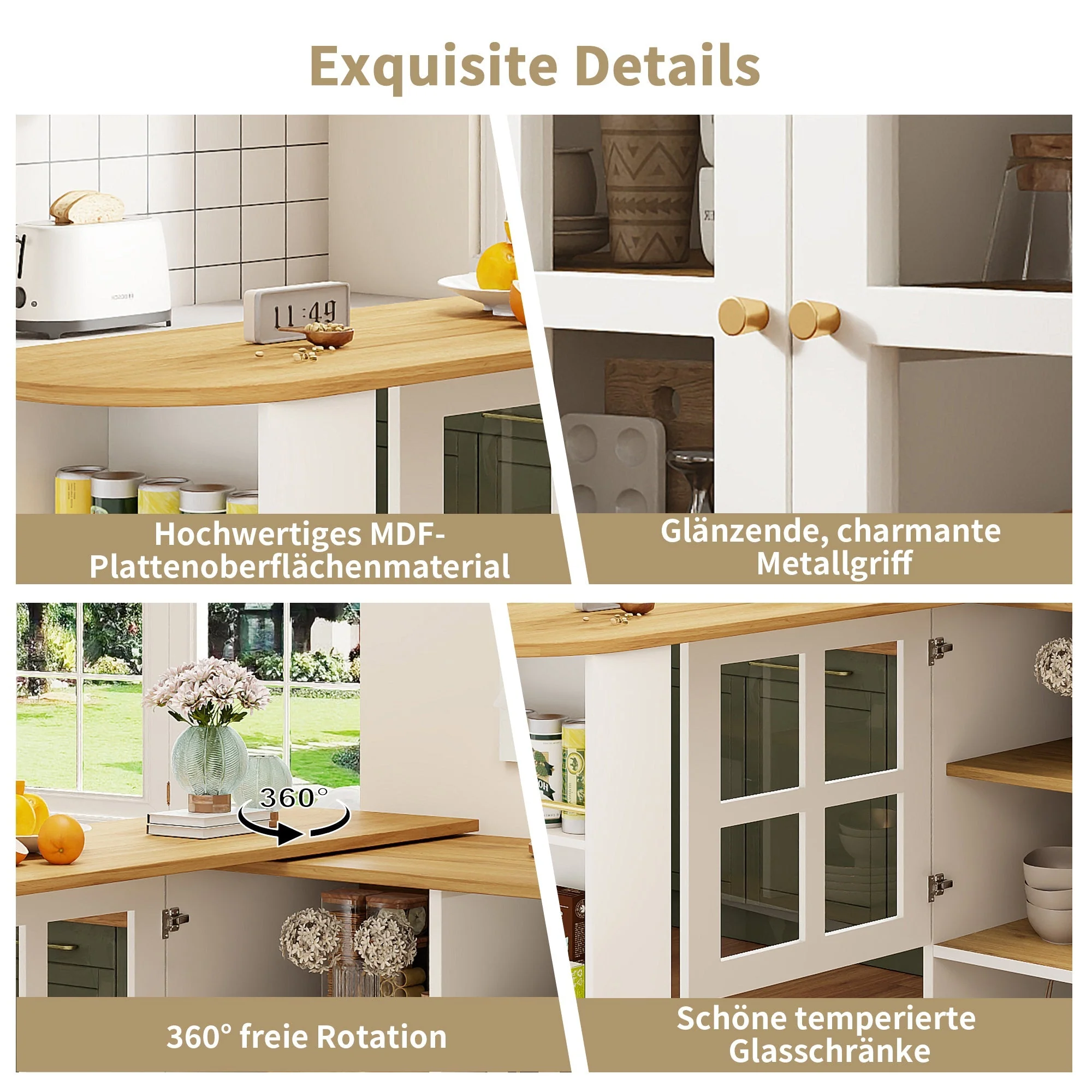 360° Rotating Sideboard - Multifunctional Dining Bar, 5 Shelves & Glass - White - Image 7