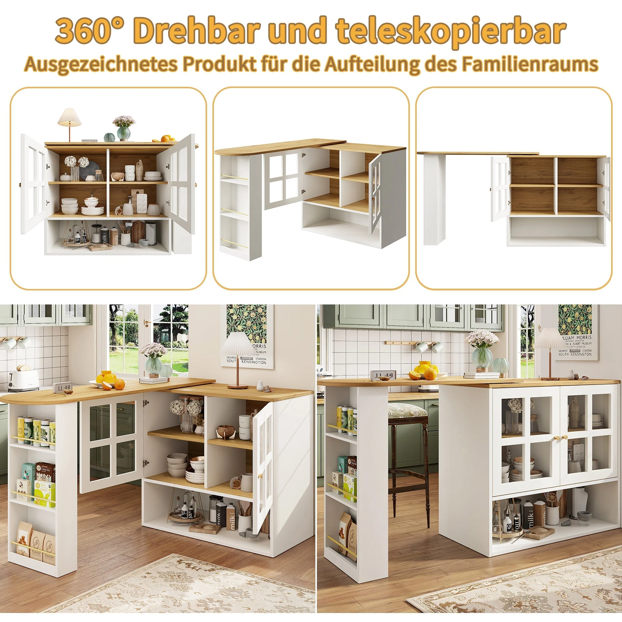 360° Rotating Sideboard - Multifunctional Dining Bar, 5 Shelves & Glass - White - Image 8