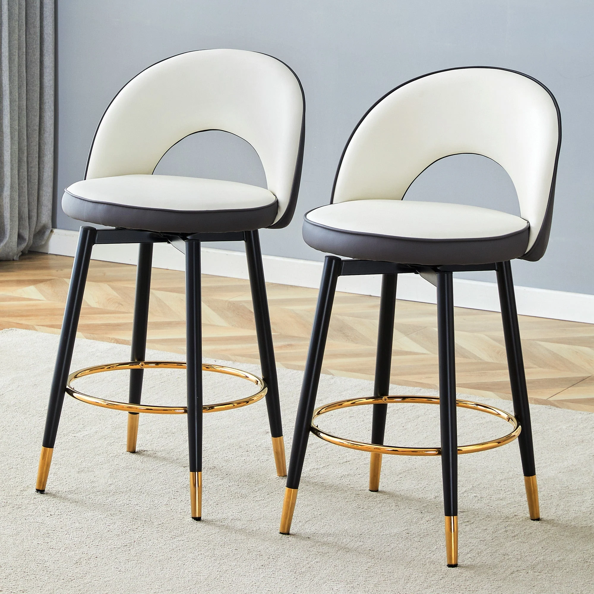 360° Swivel Bar Stool Set of 2 with Padded Seat and Open Back, Dark Grey and White PU Leather - Image 2