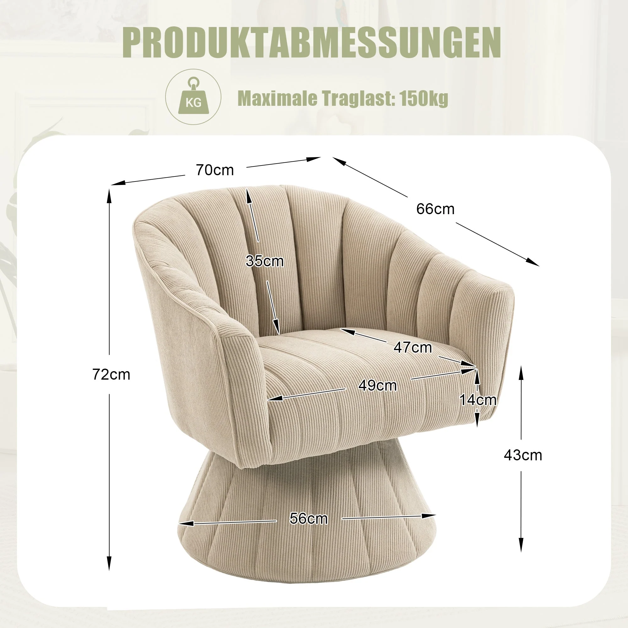 360° Swivel Chair with Ergonomic Cushions and Wraparound Armrests, Khaki - Image 2