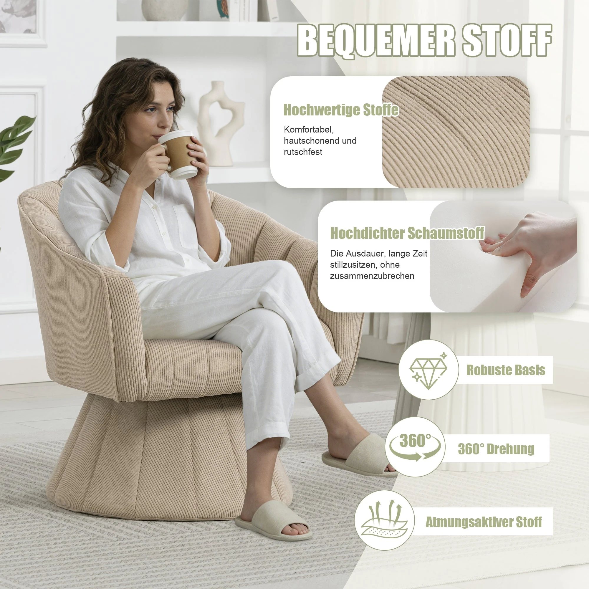 360° Swivel Chair with Ergonomic Cushions and Wraparound Armrests, Khaki - Image 3
