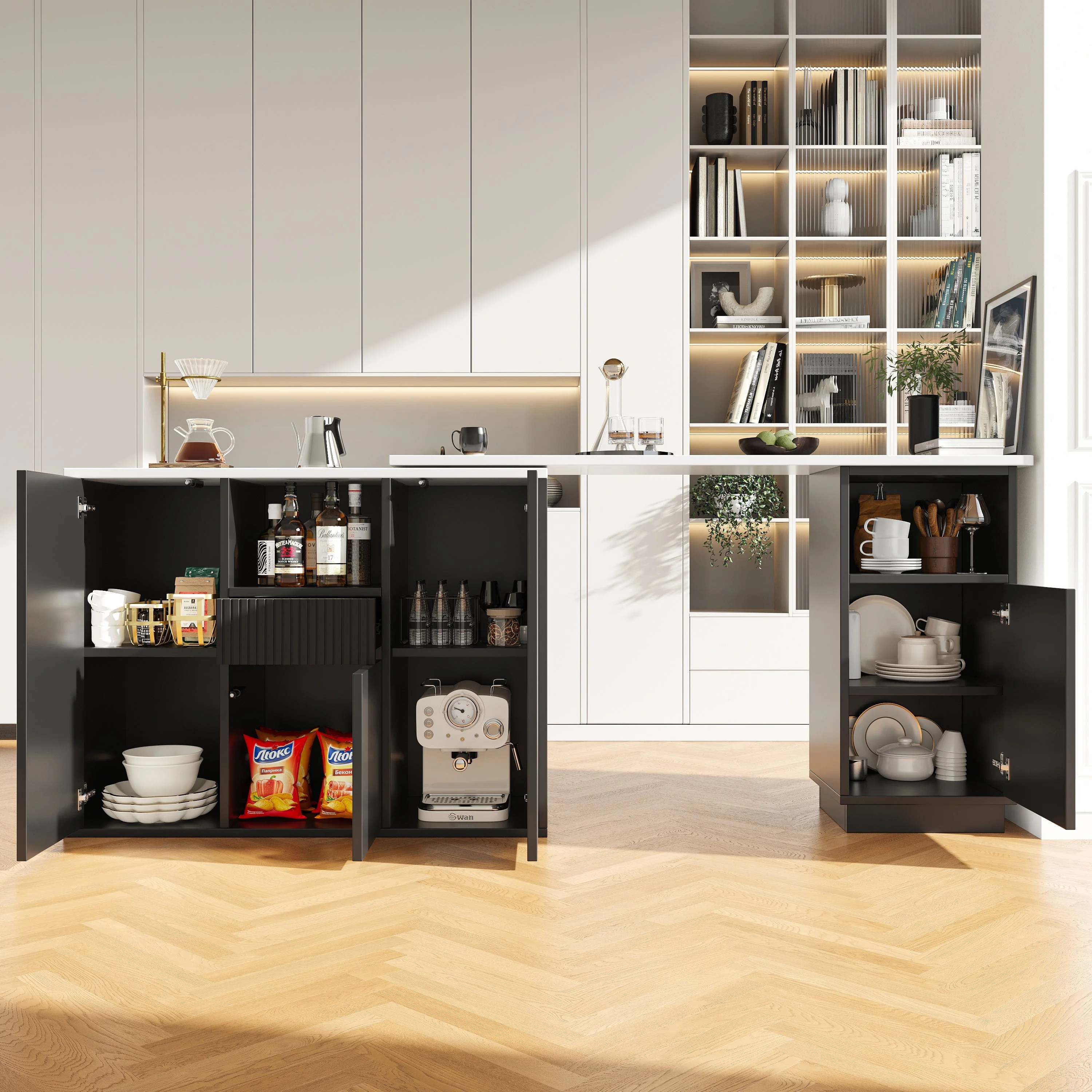 360° Swivelling Bar Table, Modern Design with Open Storage and Marble Worktop, Black - Image 5