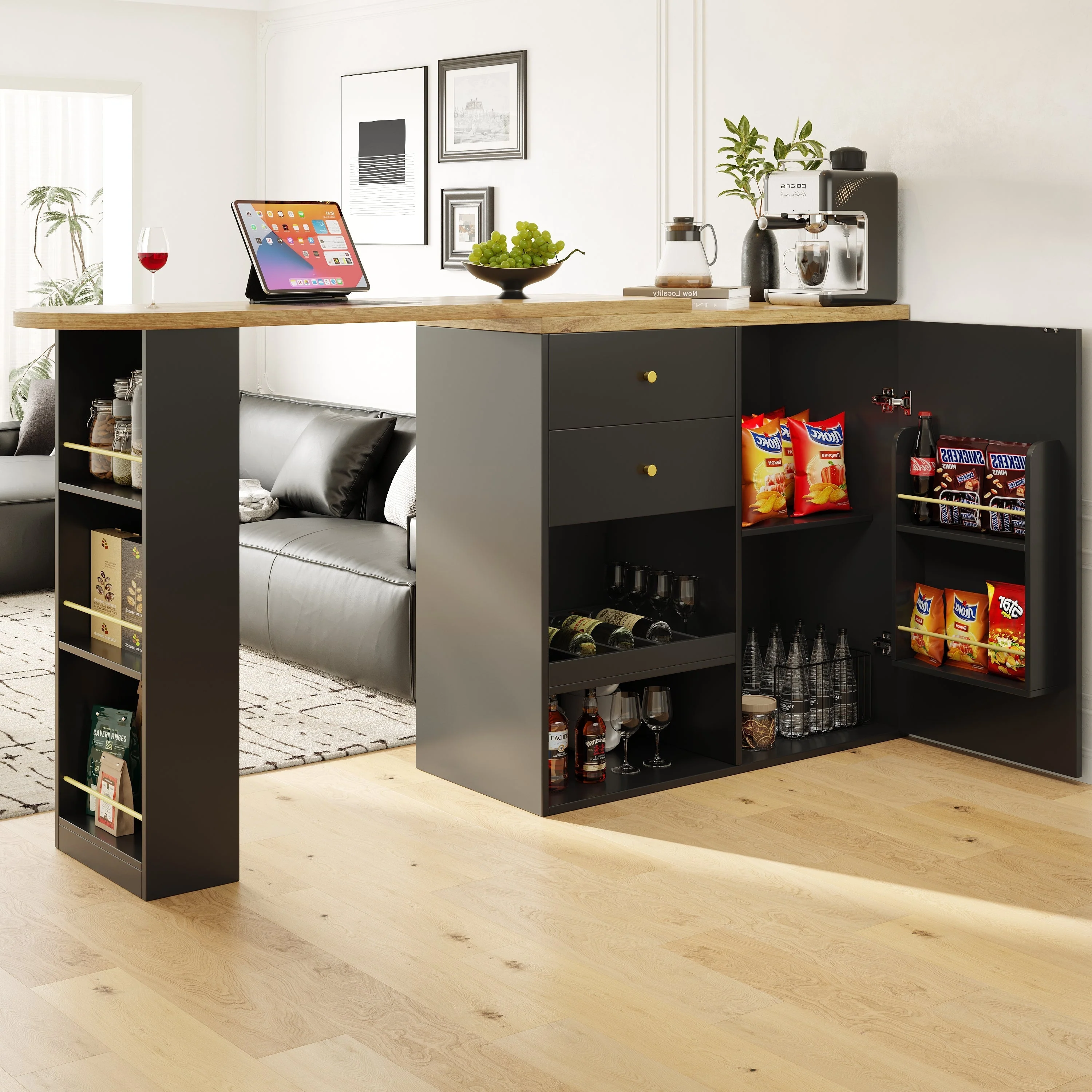 360° Swivelling Bar Table with 2 Drawers, Sliding Door Cabinet & 3 Levels of Open Storage, MDF - Image 2