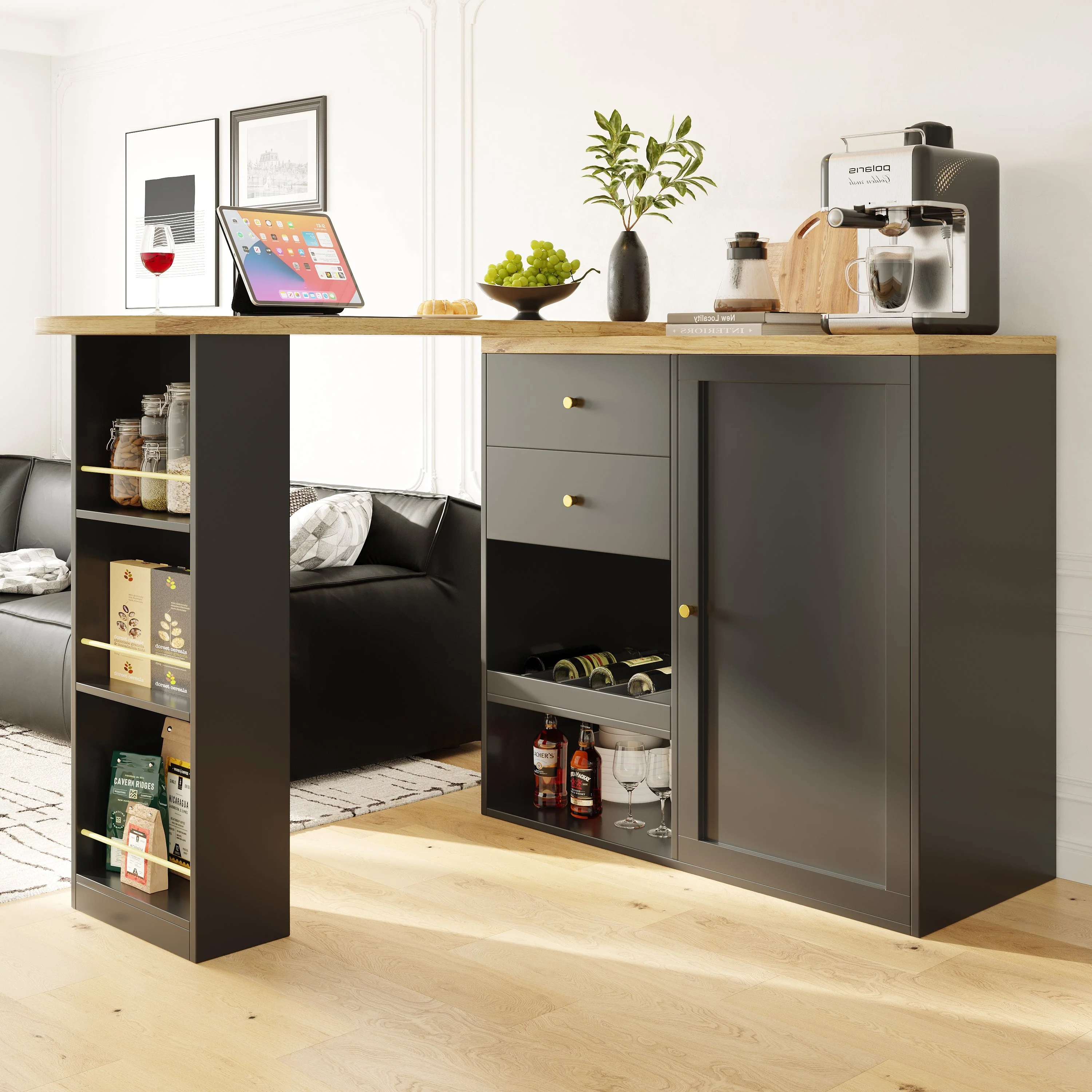 360° Swivelling Bar Table with 2 Drawers, Sliding Door Cabinet & 3 Levels of Open Storage, MDF - Image 3