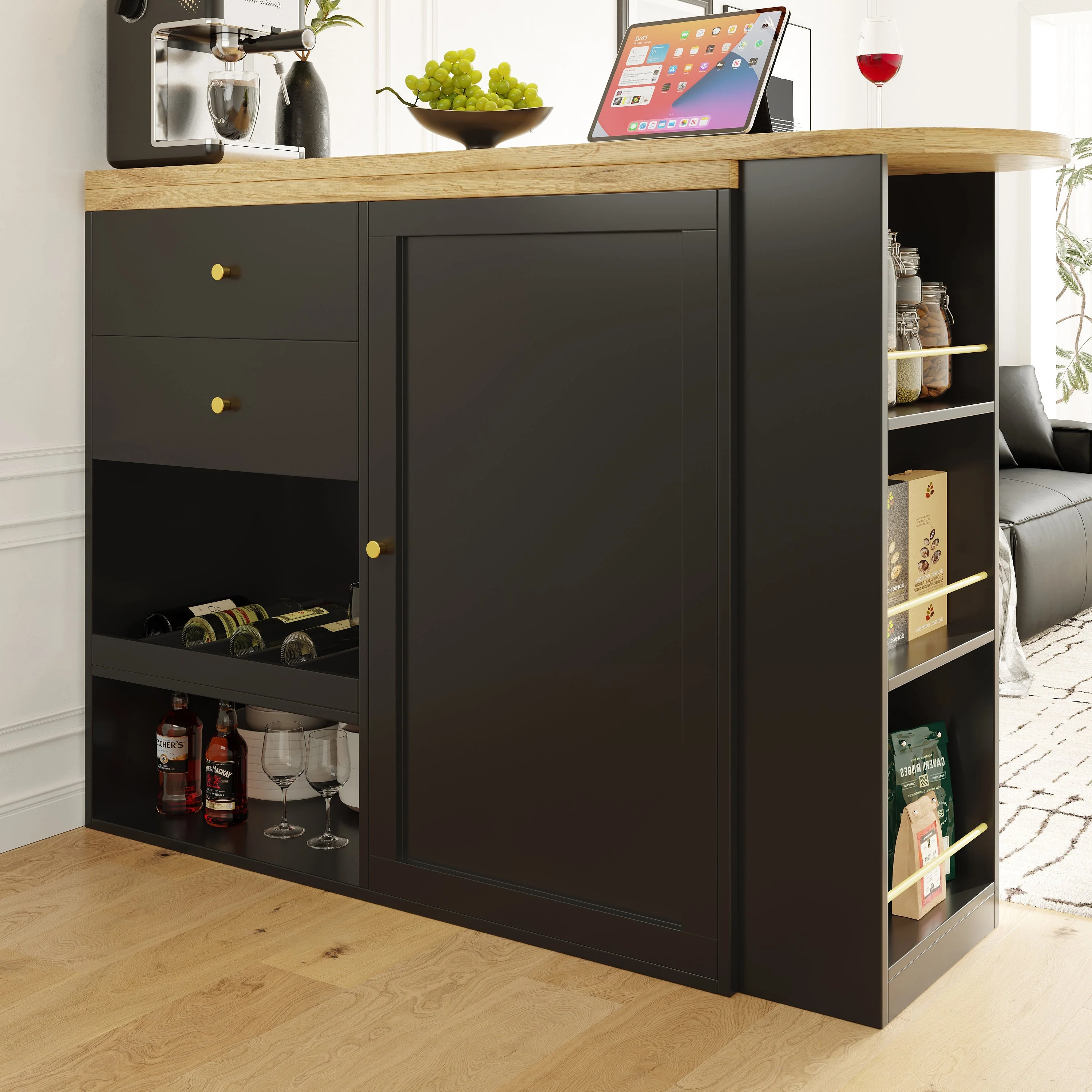 360° Swivelling Bar Table with 2 Drawers, Sliding Door Cabinet & 3 Levels of Open Storage, MDF - Image 4