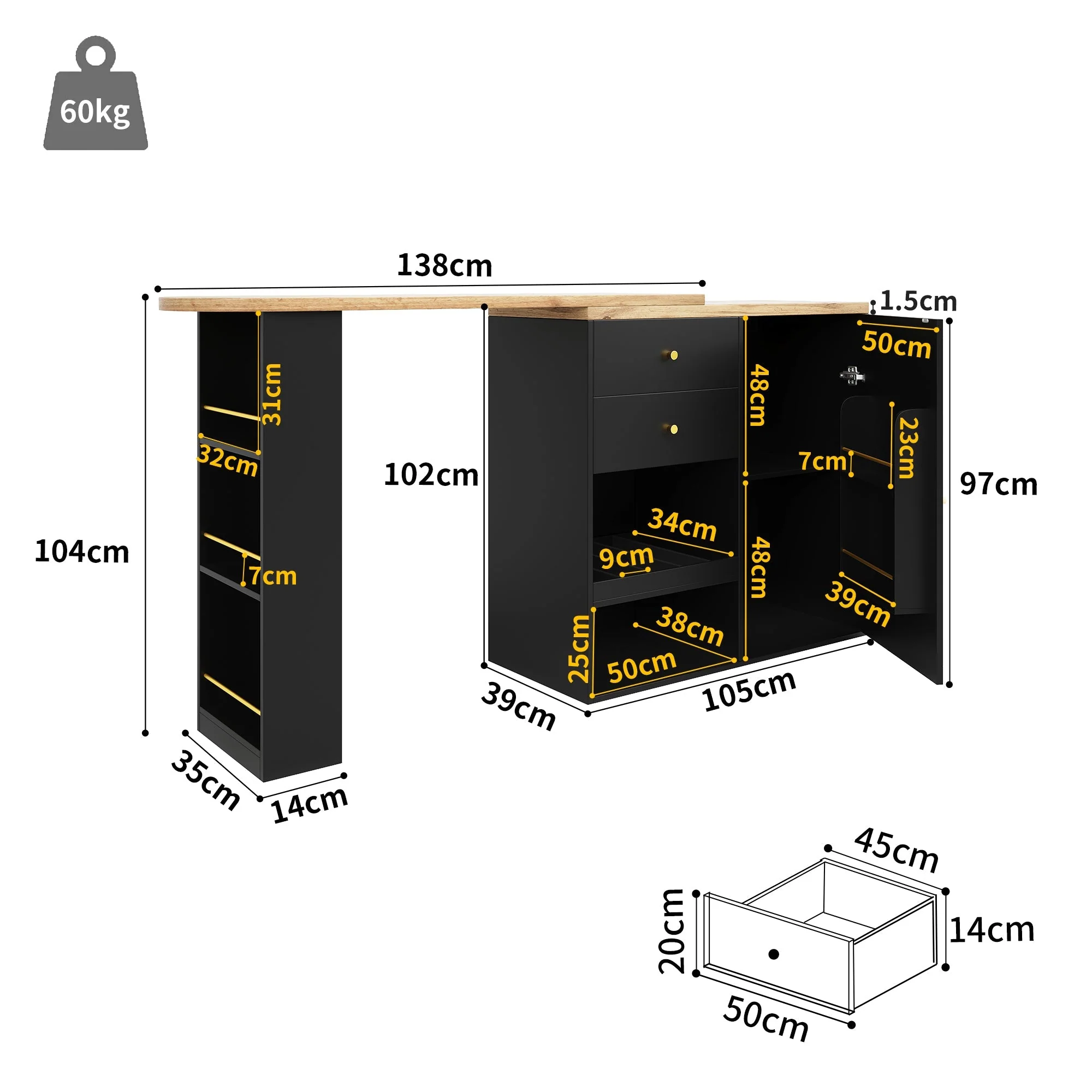 360° Swivelling Bar Table with 2 Drawers, Sliding Door Cabinet & 3 Levels of Open Storage, MDF - Image 5