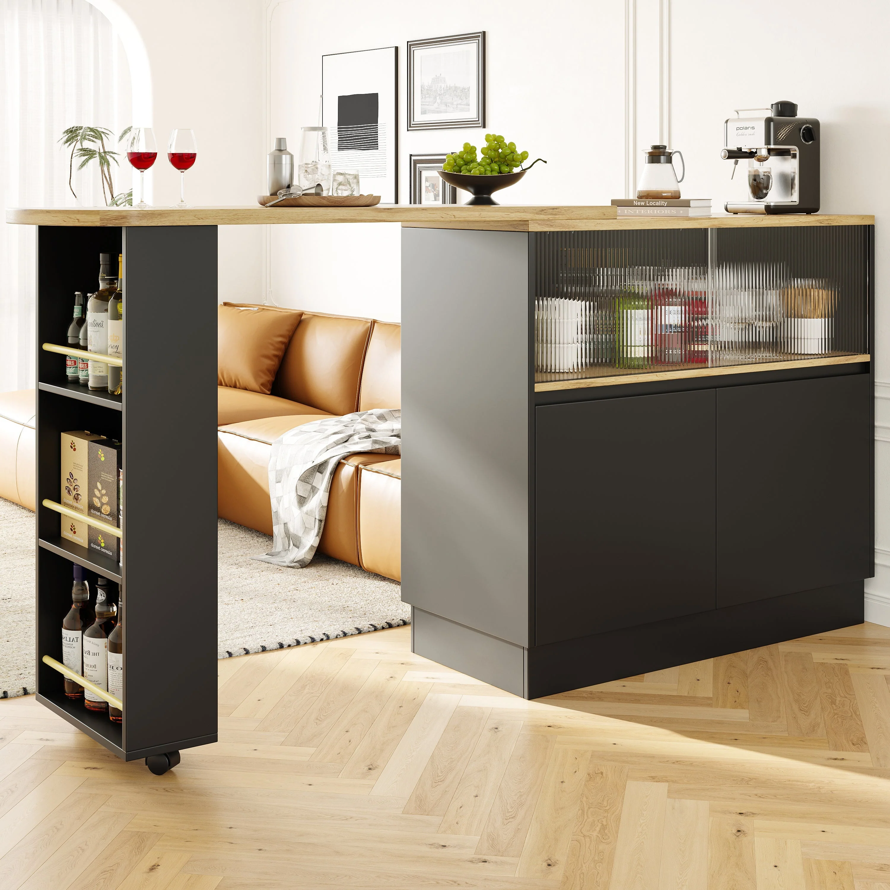 360° Swivelling Dining Bar with Shelves and Glass, Multifunctional, Black - Image 2