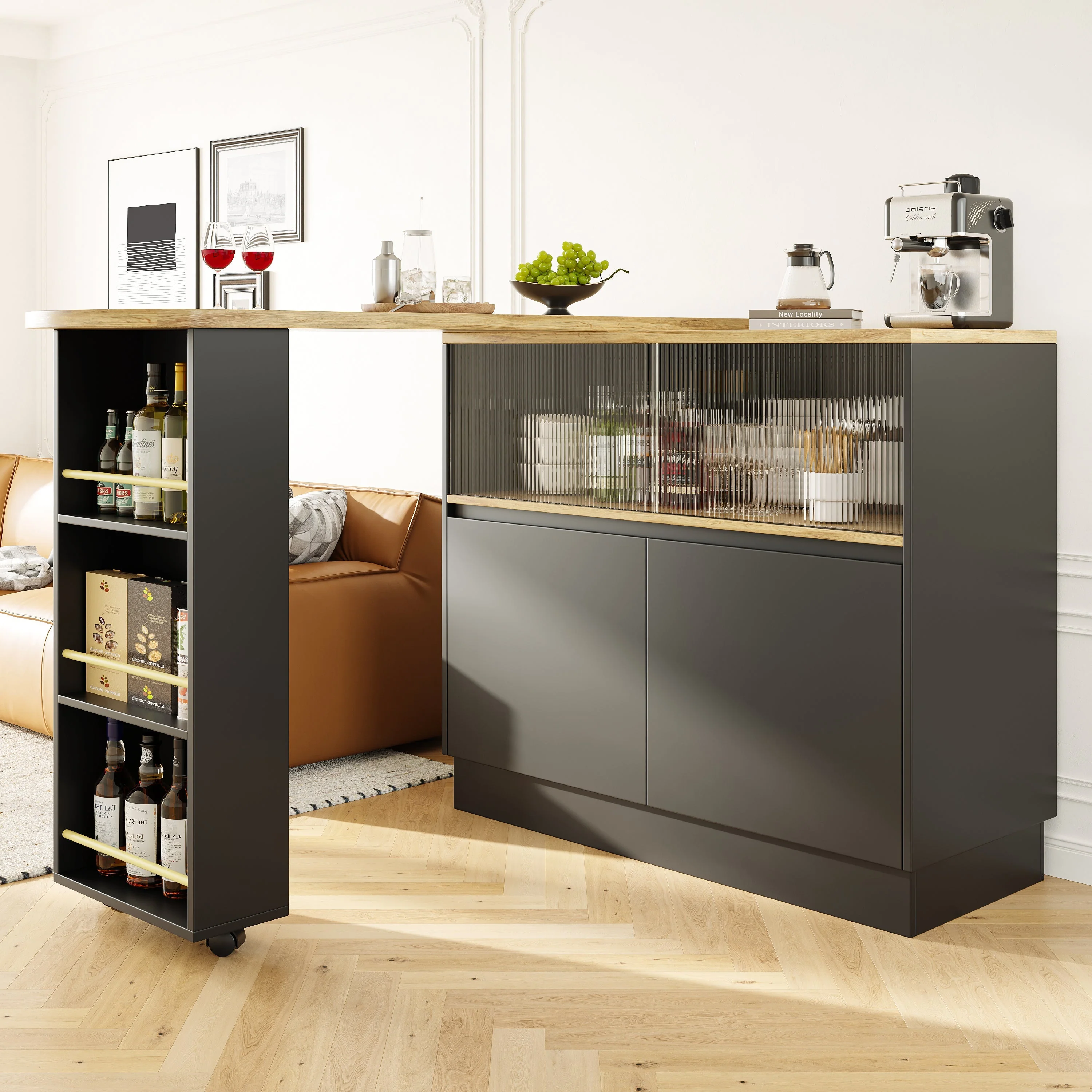 360° Swivelling Dining Bar with Shelves and Glass, Multifunctional, Black - Image 3