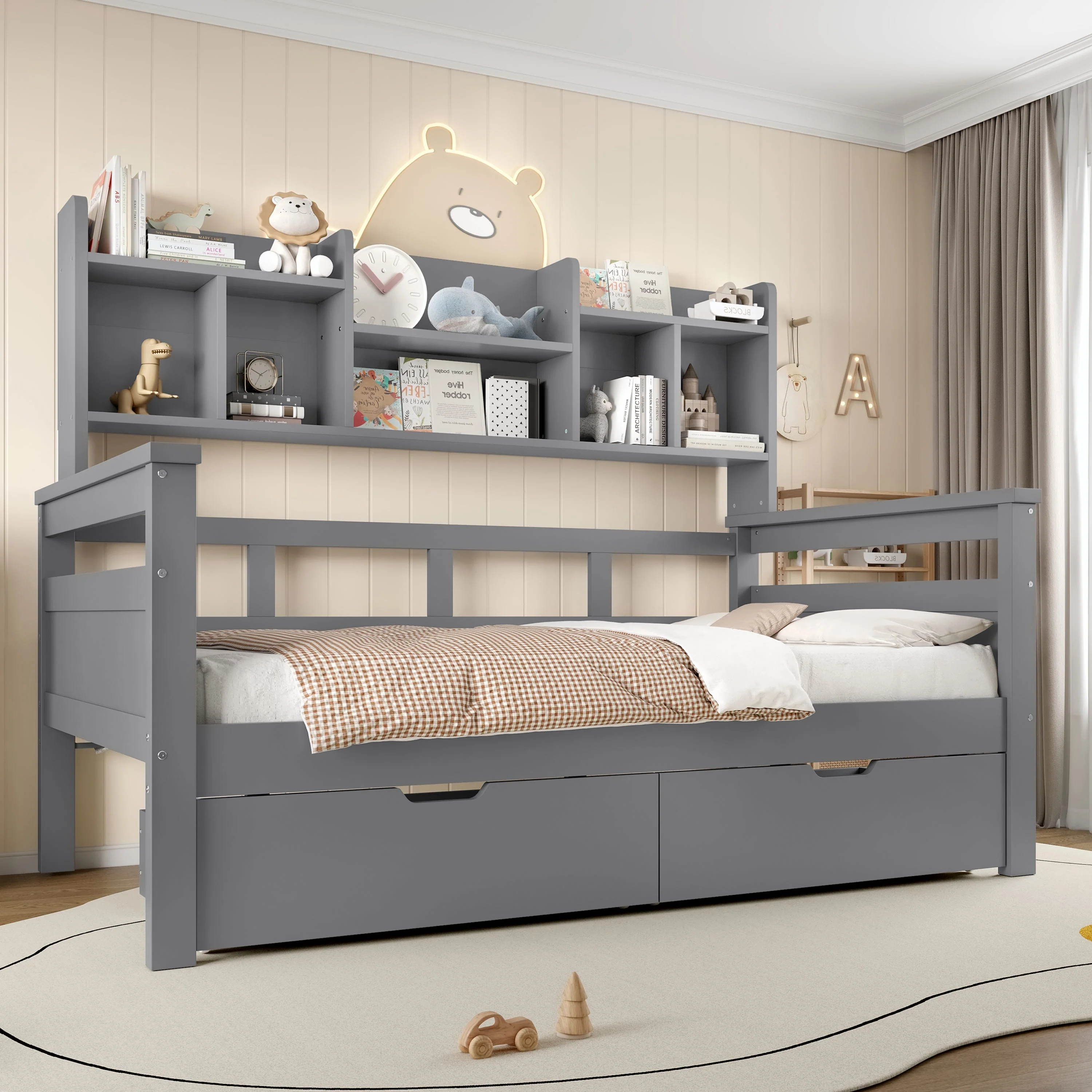 3ft Single Bed with Two Storage Drawers, Bookcase Headboard, and Guardrail, Wooden, Grey - Image 2
