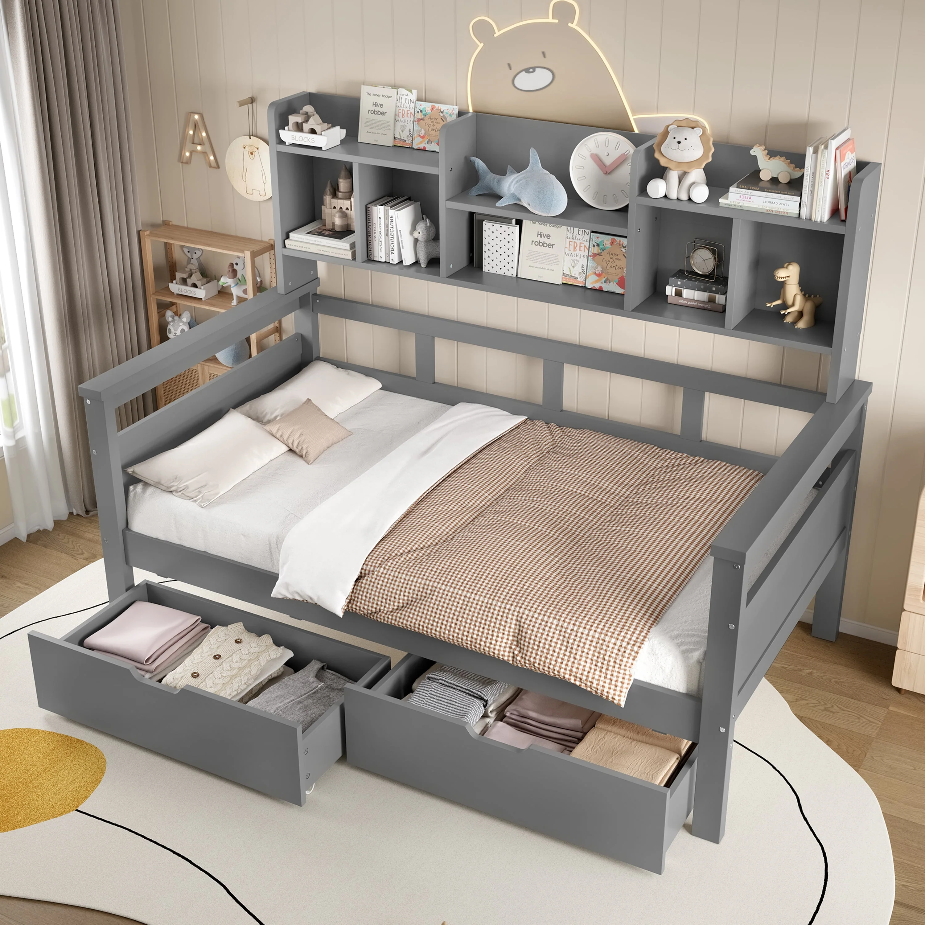 3ft Single Bed with Two Storage Drawers, Bookcase Headboard, and Guardrail, Wooden, Grey - Image 3