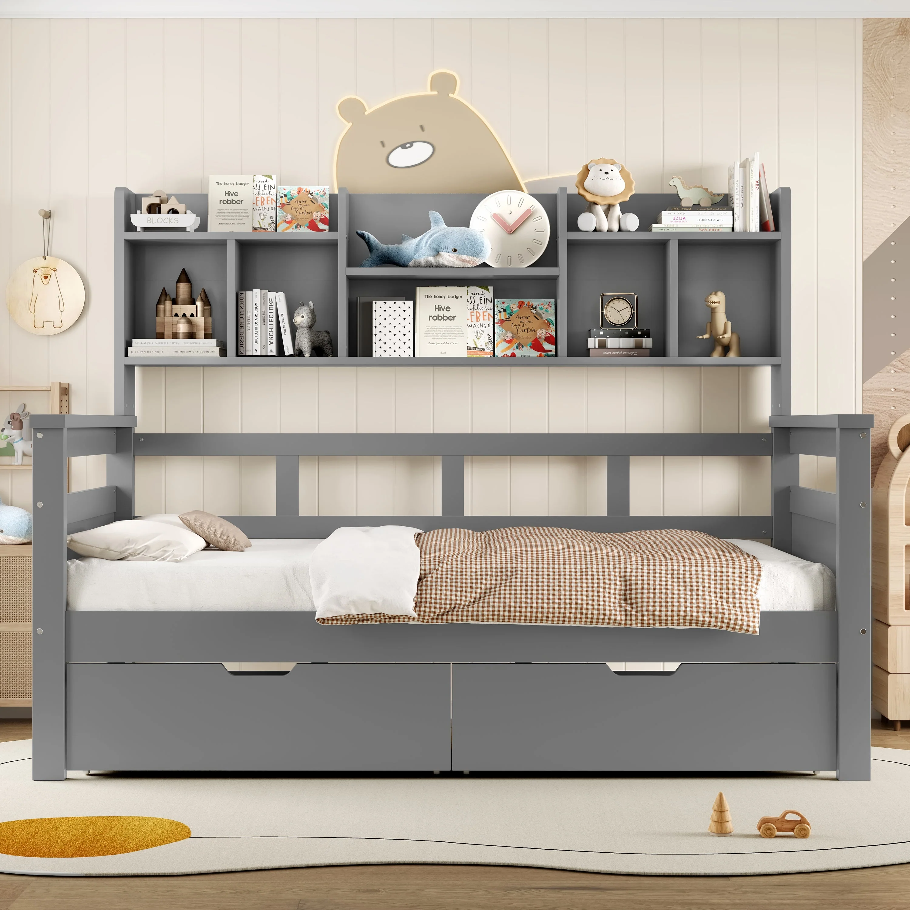 3ft Single Bed with Two Storage Drawers, Bookcase Headboard, and Guardrail, Wooden, Grey - Image 4