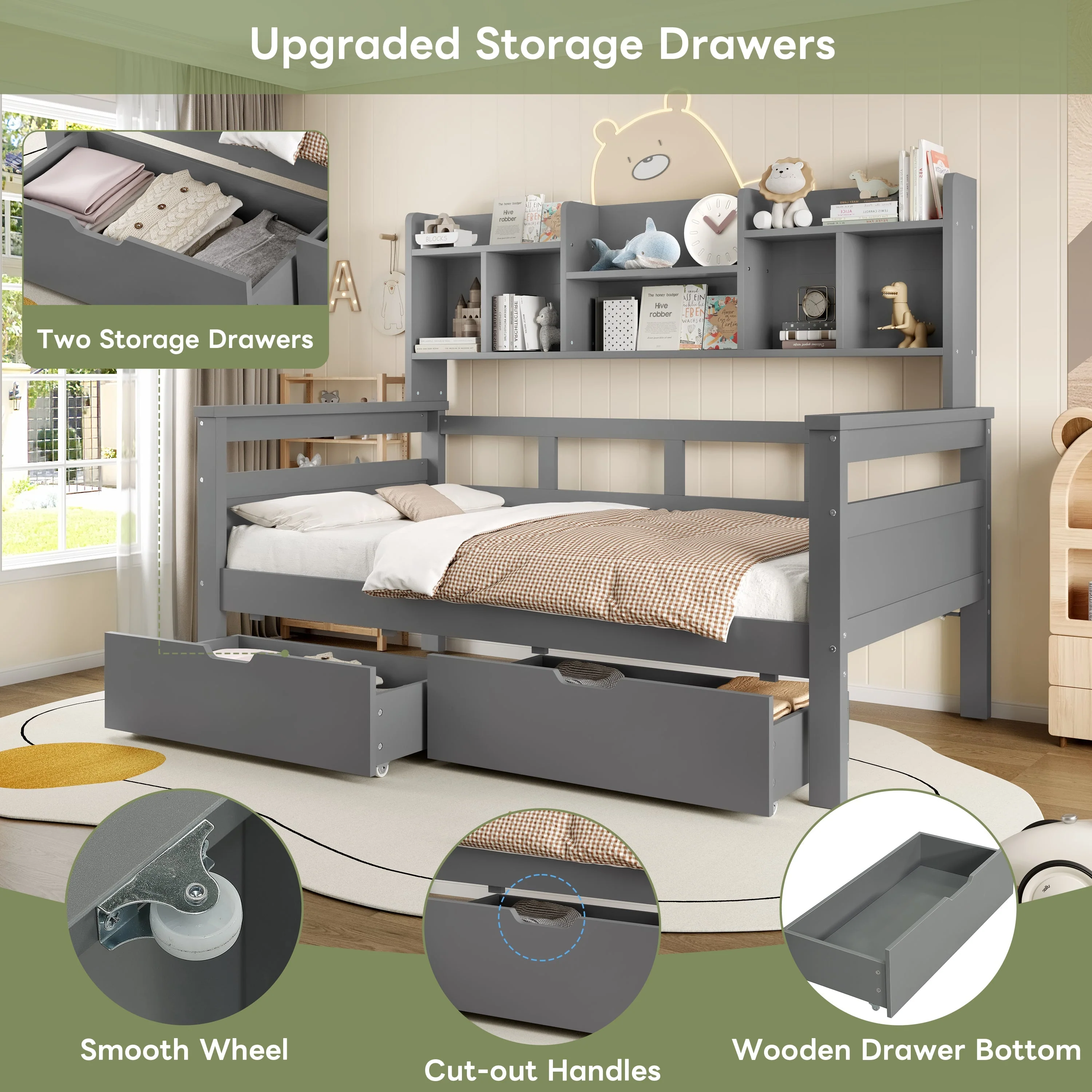 3ft Single Bed with Two Storage Drawers, Bookcase Headboard, and Guardrail, Wooden, Grey - Image 6