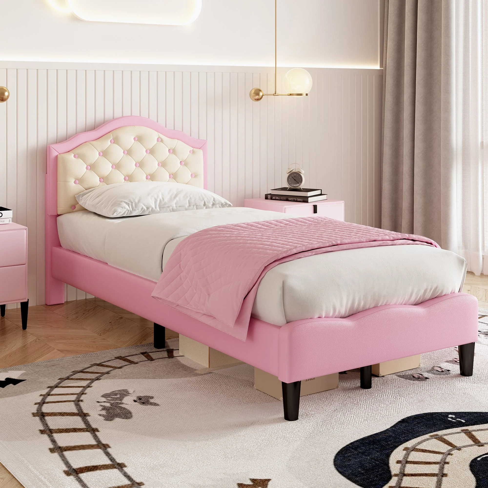3ft Single Upholstered Bed Frame with Adjustable Chic Button-Tufted Headboard, Pink+Beige