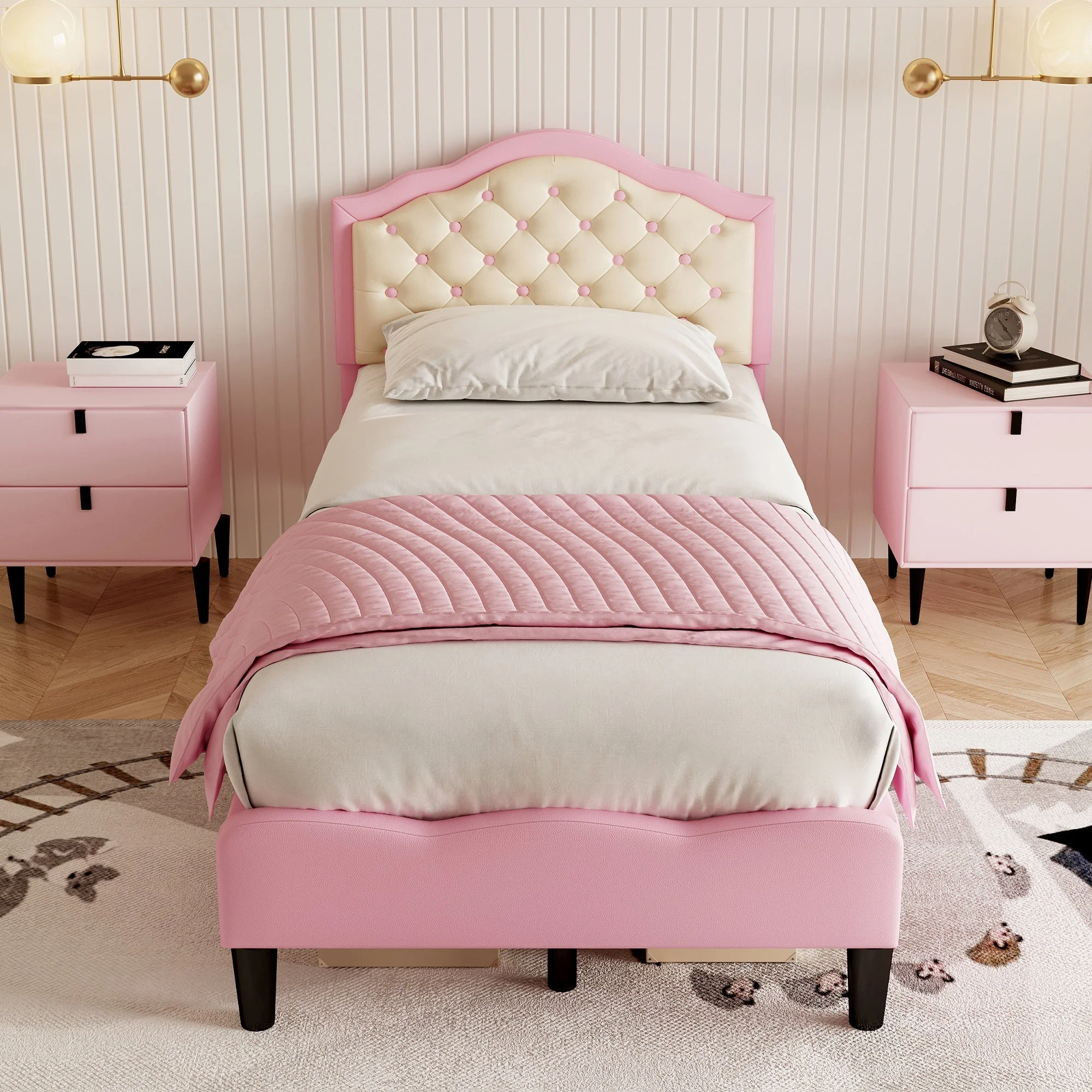3ft Single Upholstered Bed Frame with Adjustable Chic Button-Tufted Headboard, Pink+Beige - Image 2