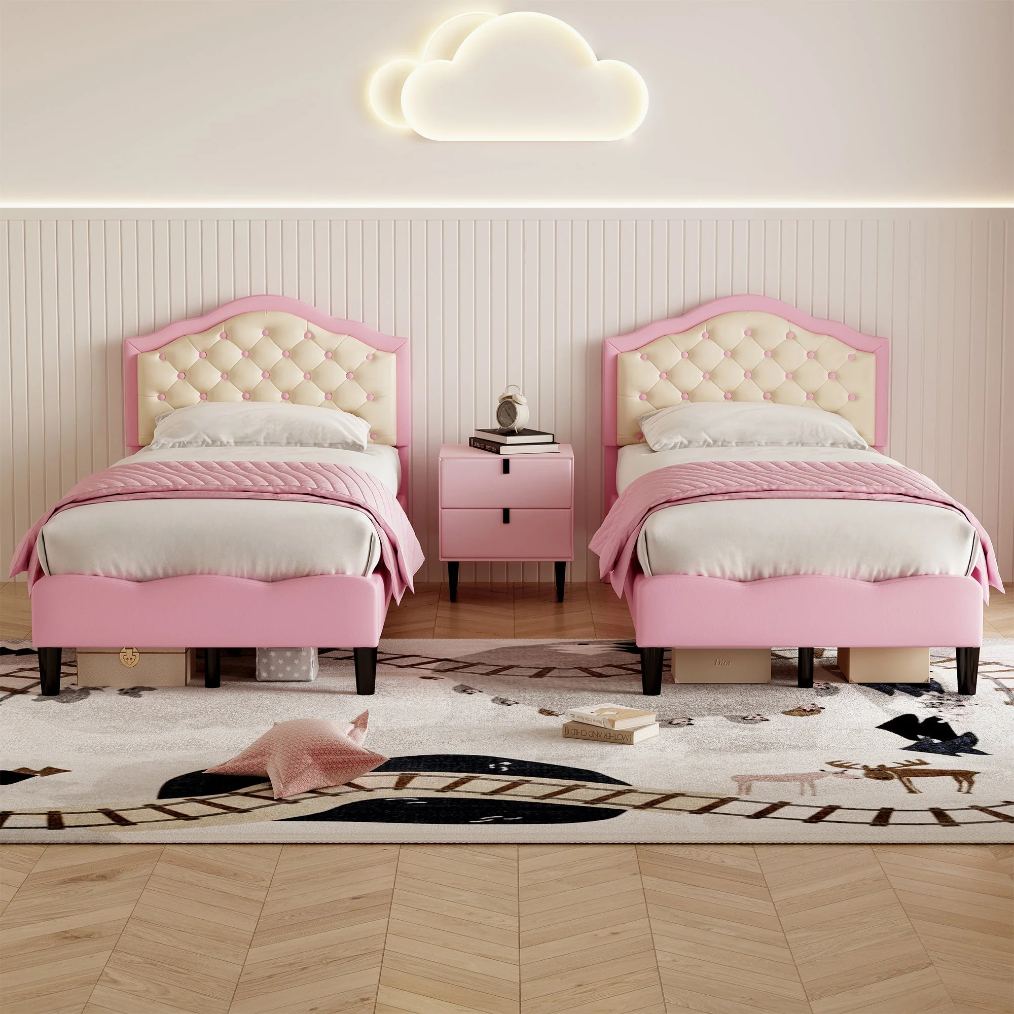 3ft Single Upholstered Bed Frame with Adjustable Chic Button-Tufted Headboard, Pink+Beige - Image 3