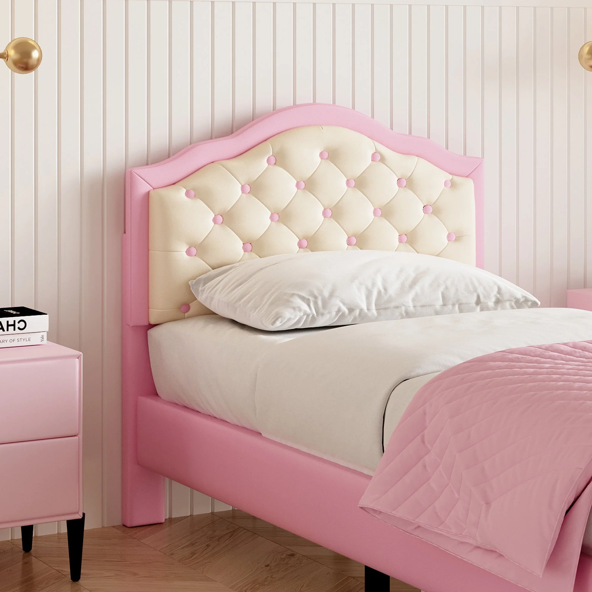 3ft Single Upholstered Bed Frame with Adjustable Chic Button-Tufted Headboard, Pink+Beige - Image 4