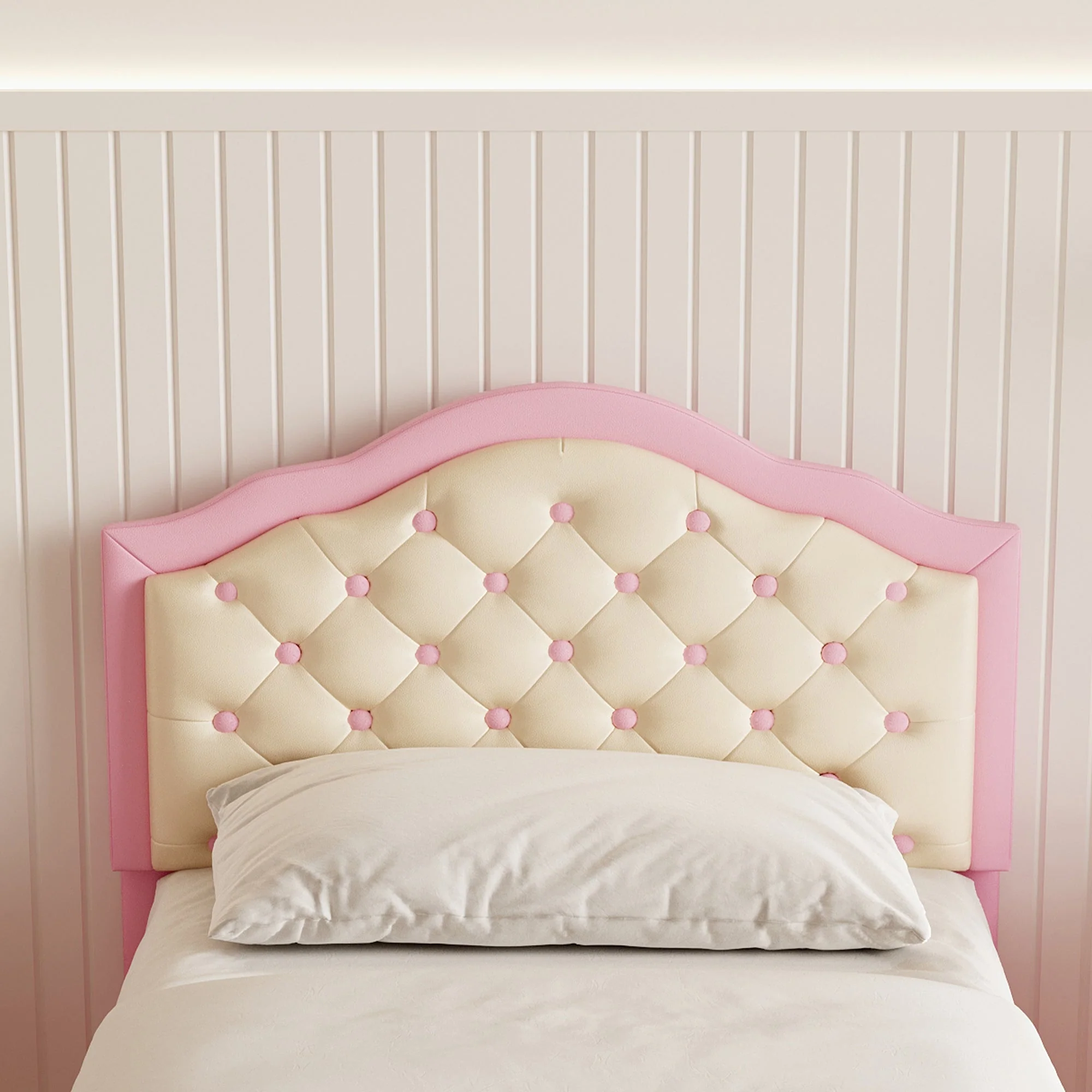 3ft Single Upholstered Bed Frame with Adjustable Chic Button-Tufted Headboard, Pink+Beige - Image 5