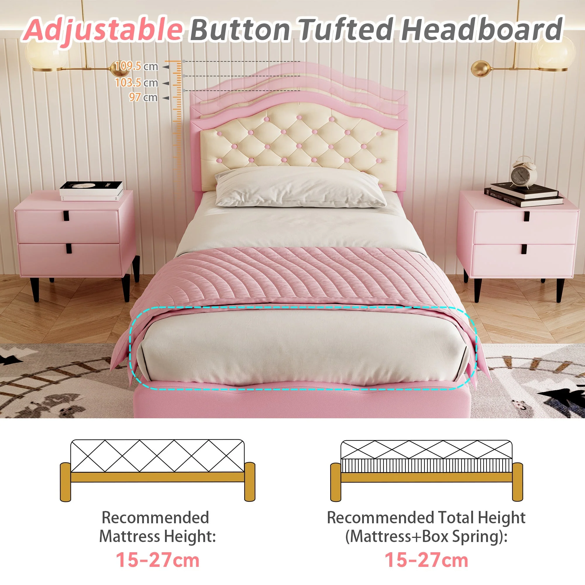 3ft Single Upholstered Bed Frame with Adjustable Chic Button-Tufted Headboard, Pink+Beige - Image 6