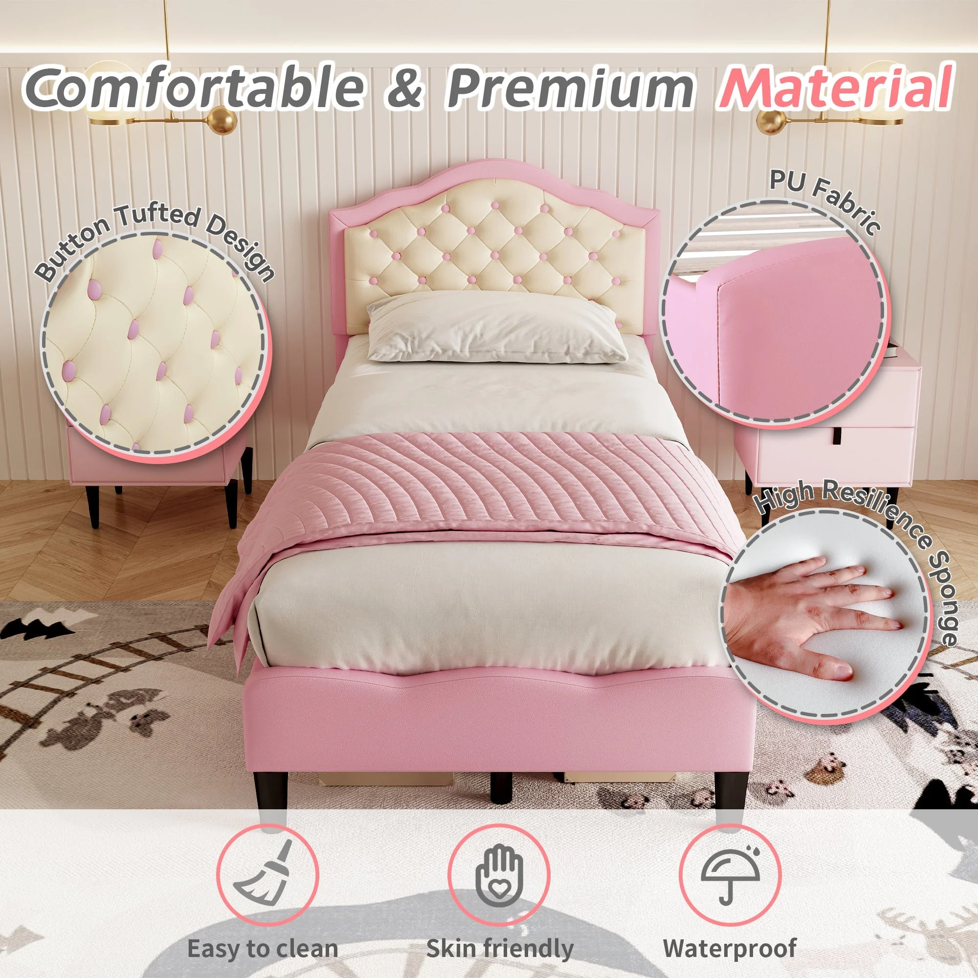 3ft Single Upholstered Bed Frame with Adjustable Chic Button-Tufted Headboard, Pink+Beige - Image 7