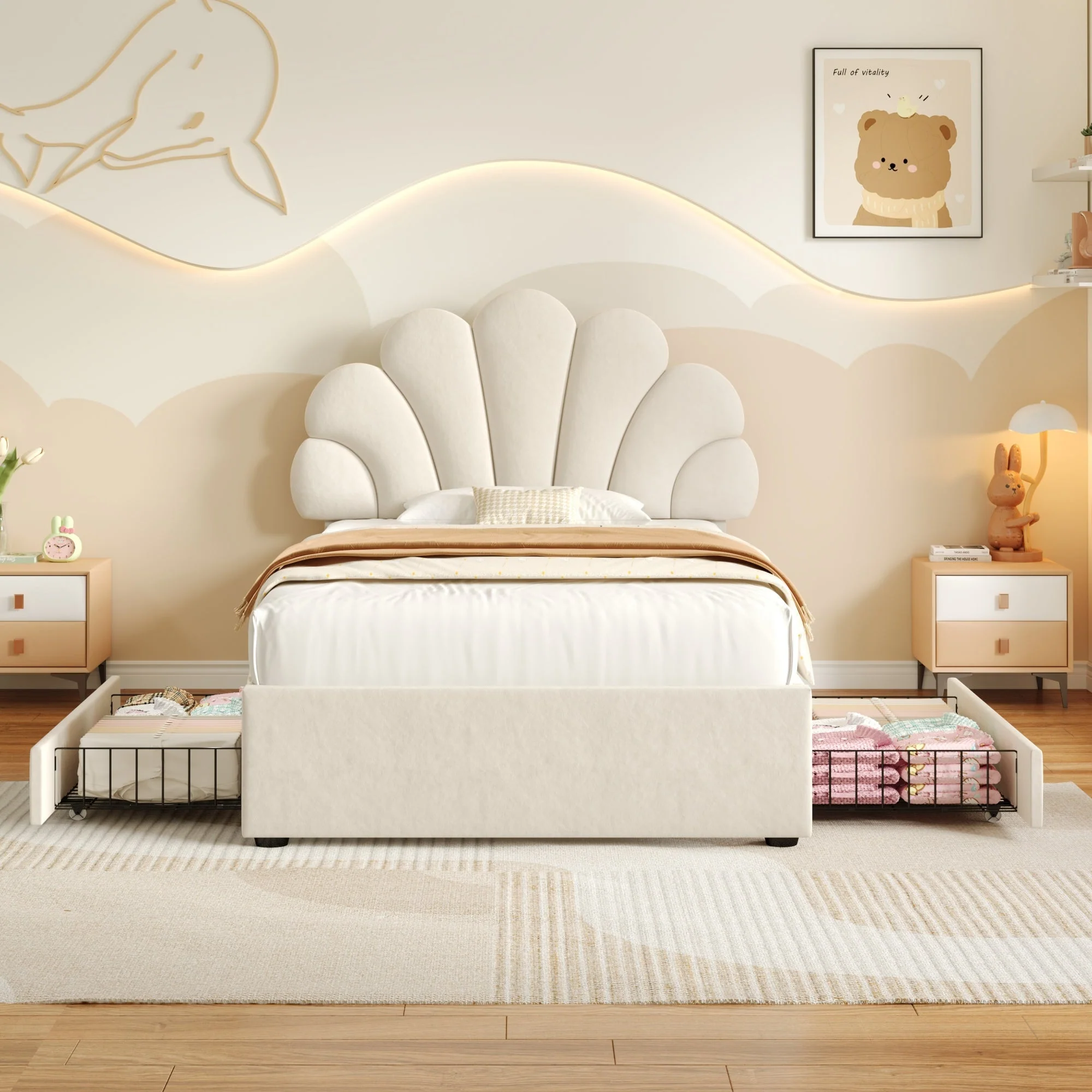 3ft Single Upholstered Bed with Adjustable Chic Petal Headboard and 2 Storage Drawers, Beige Velvet - Image 3