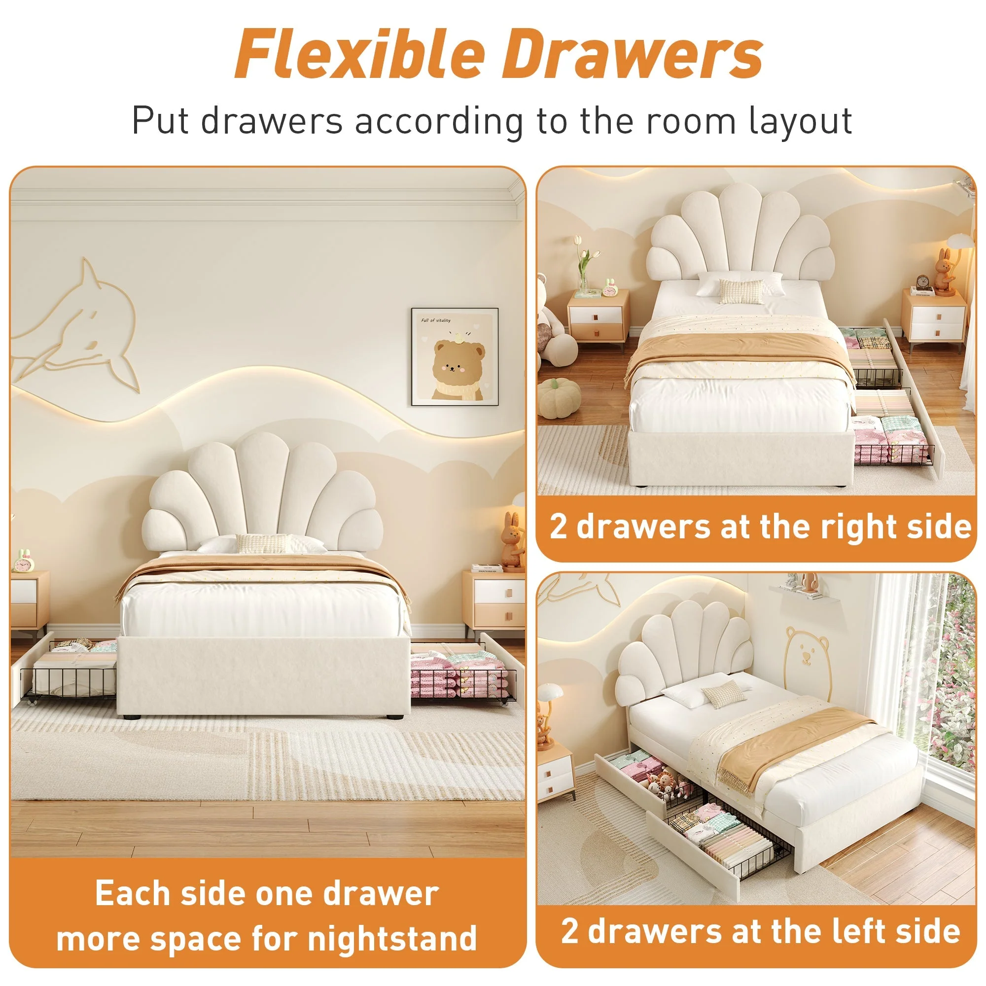 3ft Single Upholstered Bed with Adjustable Chic Petal Headboard and 2 Storage Drawers, Beige Velvet - Image 4