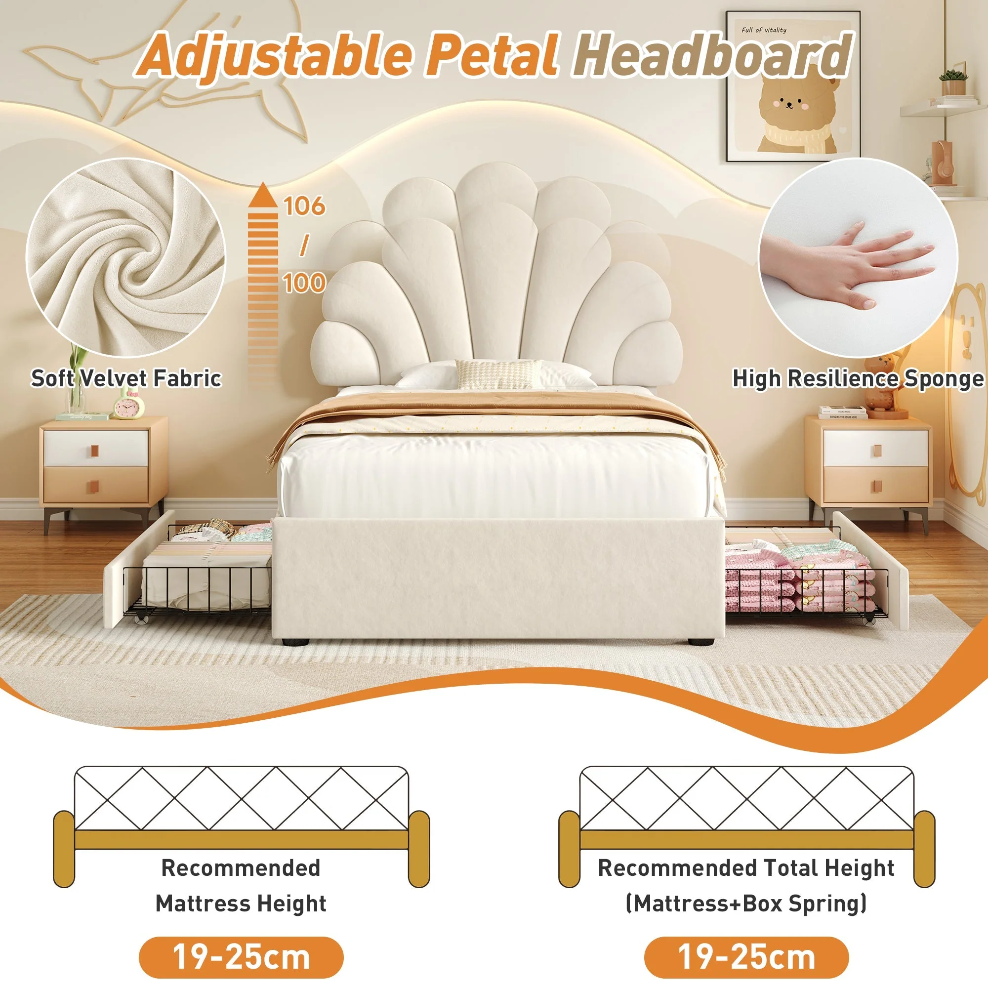 3ft Single Upholstered Bed with Adjustable Chic Petal Headboard and 2 Storage Drawers, Beige Velvet - Image 5