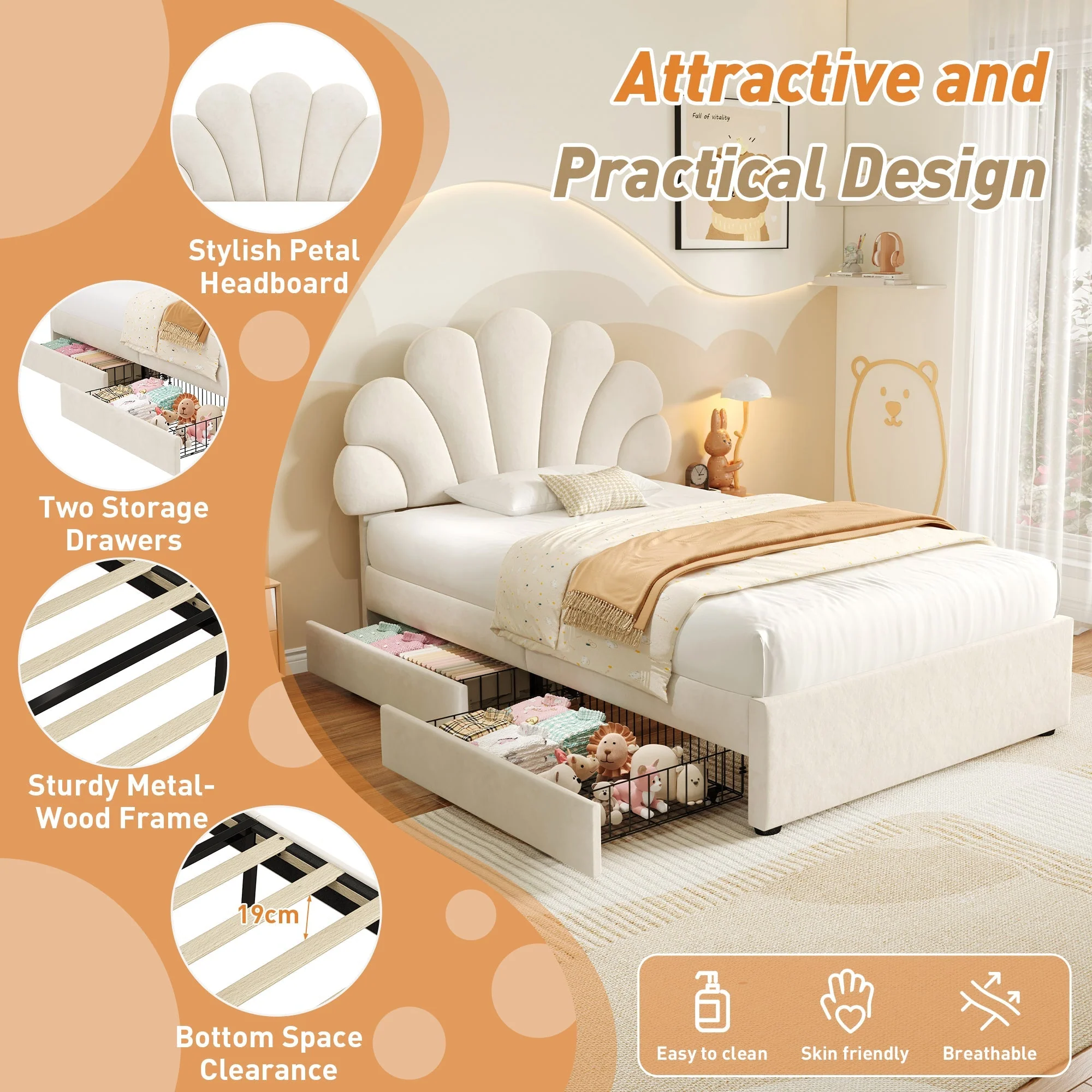 3ft Single Upholstered Bed with Adjustable Chic Petal Headboard and 2 Storage Drawers, Beige Velvet - Image 6