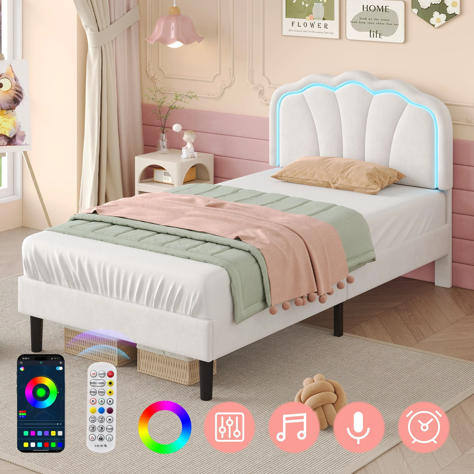 3ft Single Upholstered Bed with LED Adjustable Shell Shape Headboard, Cream White Velvet