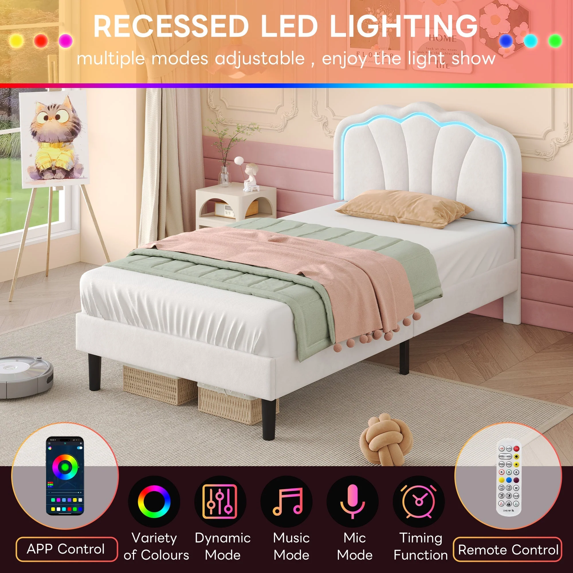 3ft Single Upholstered Bed with LED Adjustable Shell Shape Headboard, Cream White Velvet - Image 6