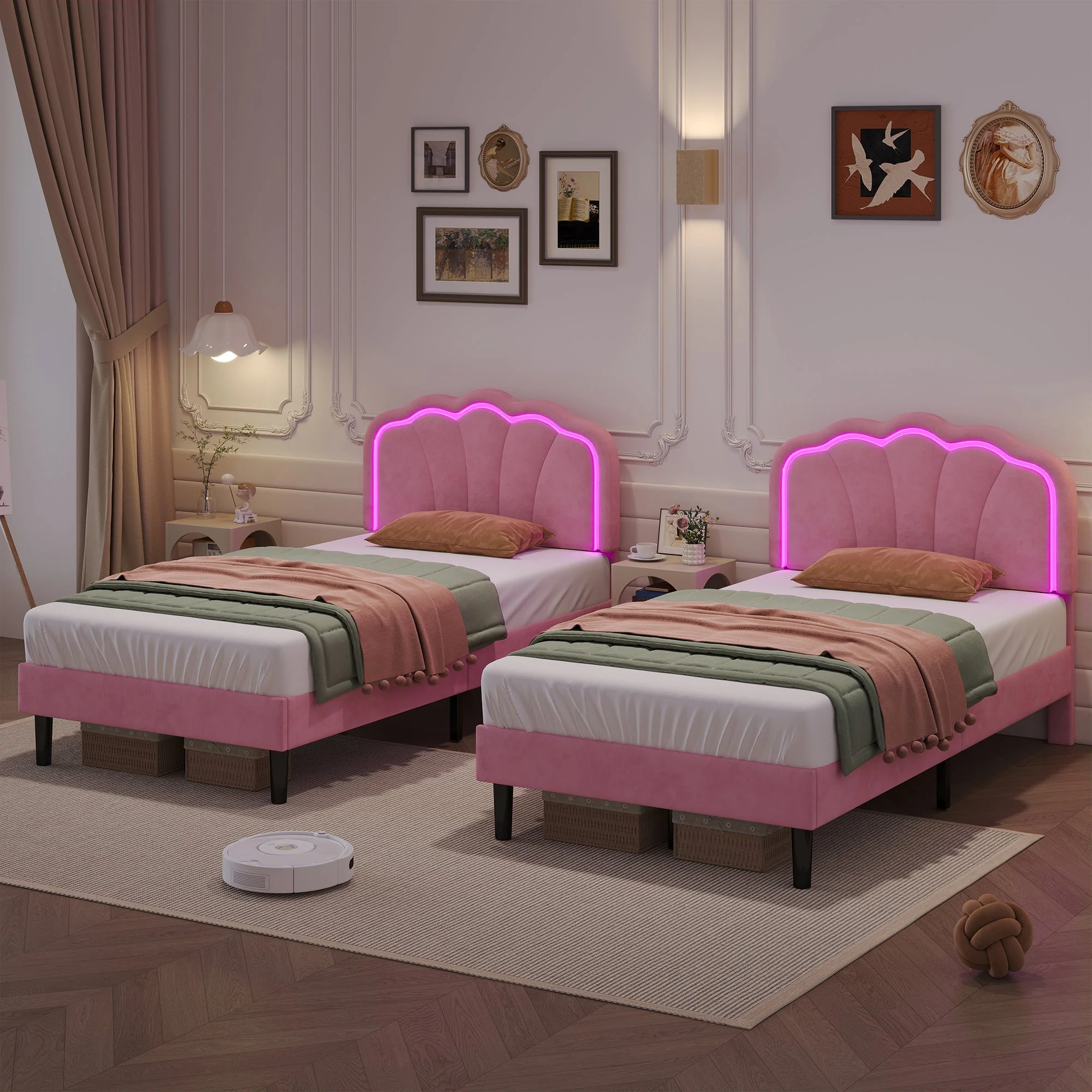 3ft Single Upholstered Bed with LED Adjustable Shell Shape Headboard, Soft Velvet, Pink - Image 4