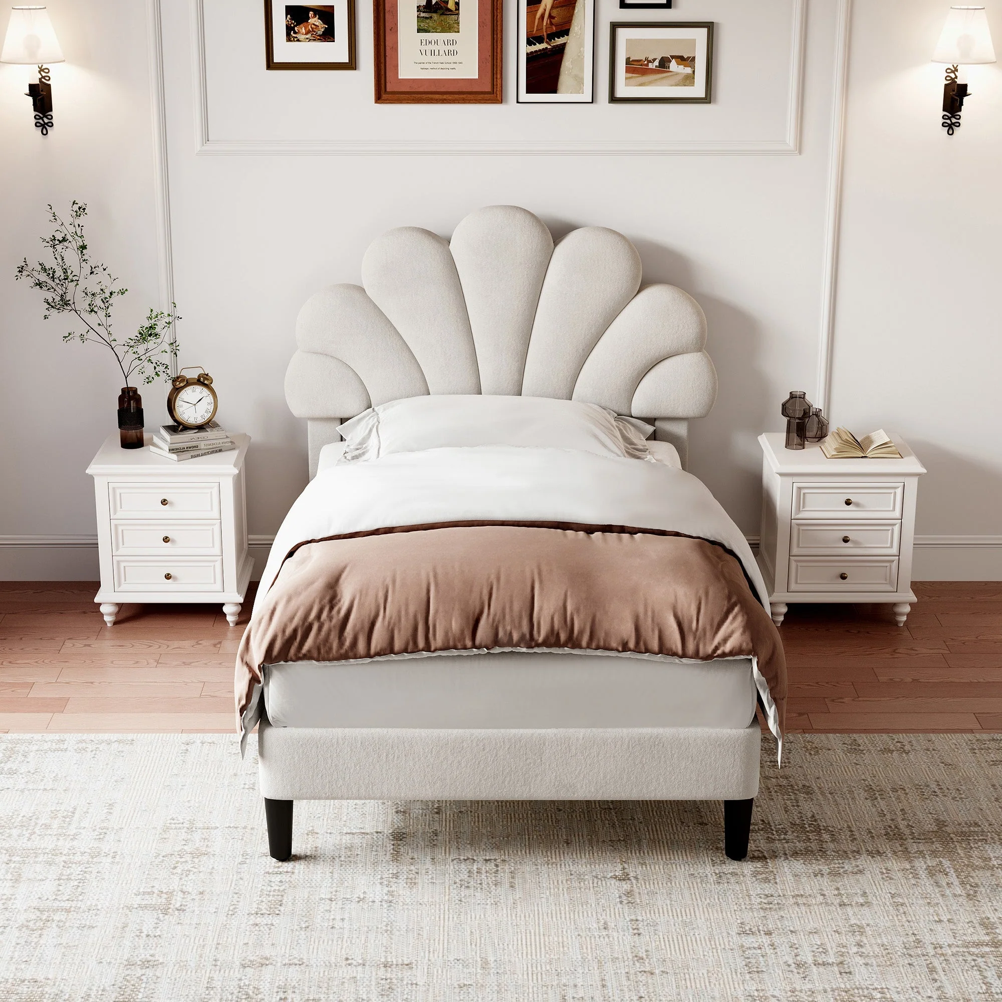 3ft Single Upholstered Velvet Bed Frame with Adjustable Chic Petal Headboard, Beige - Image 3