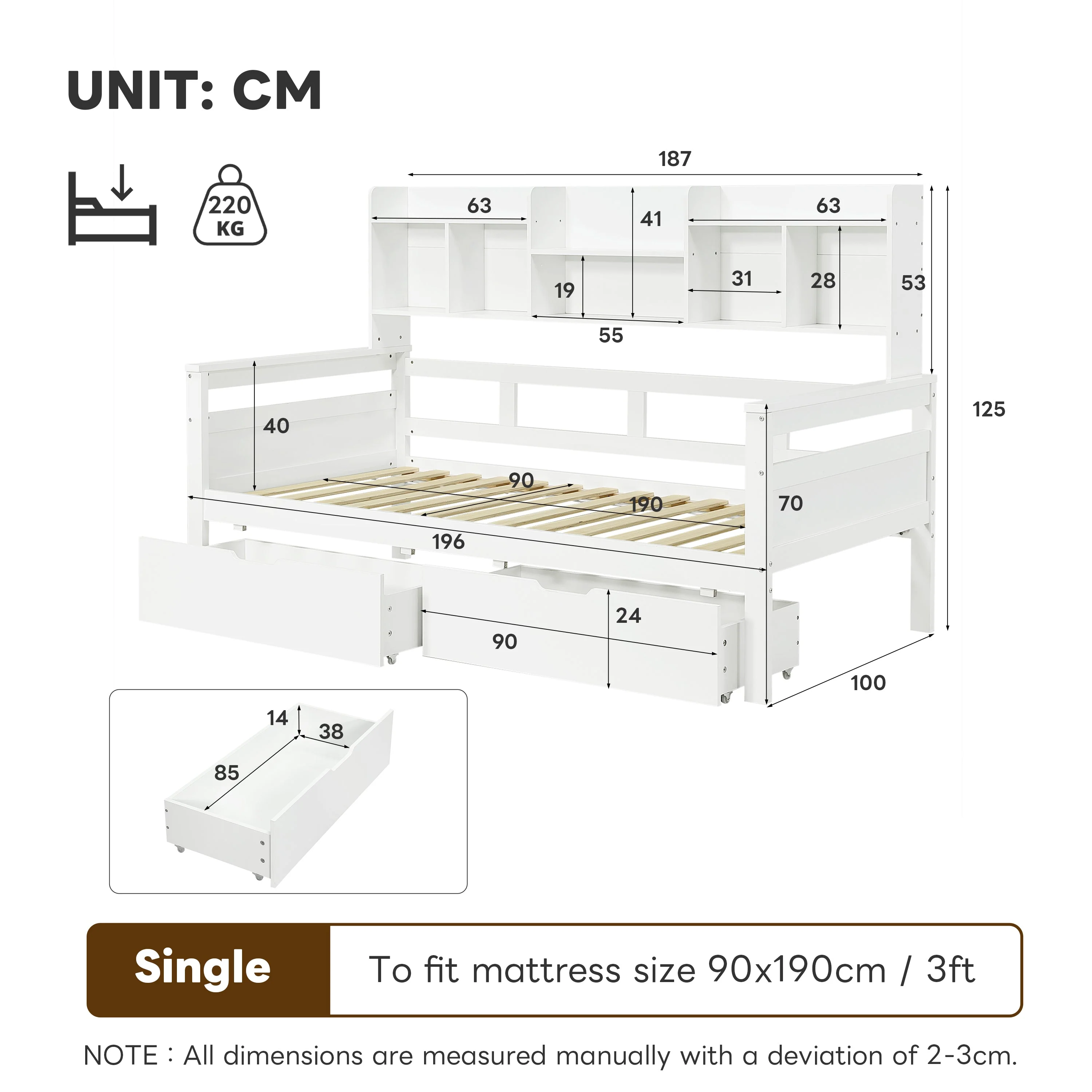 3ft Single Wooden Bed Frame with Two Storage Drawers and Bookcase Headboard, White - Image 7