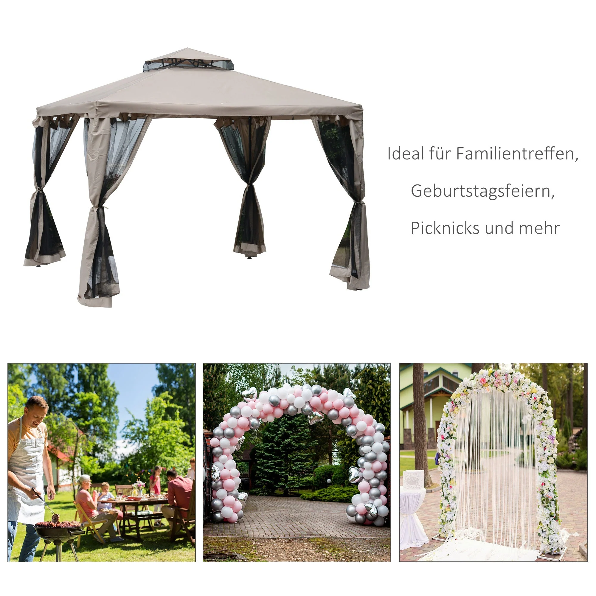 3x3m Garden Gazebo with 4 Sidewalls, Weatherproof, for Garden Parties & Events, Metal & Polyester, Grey - Image 6