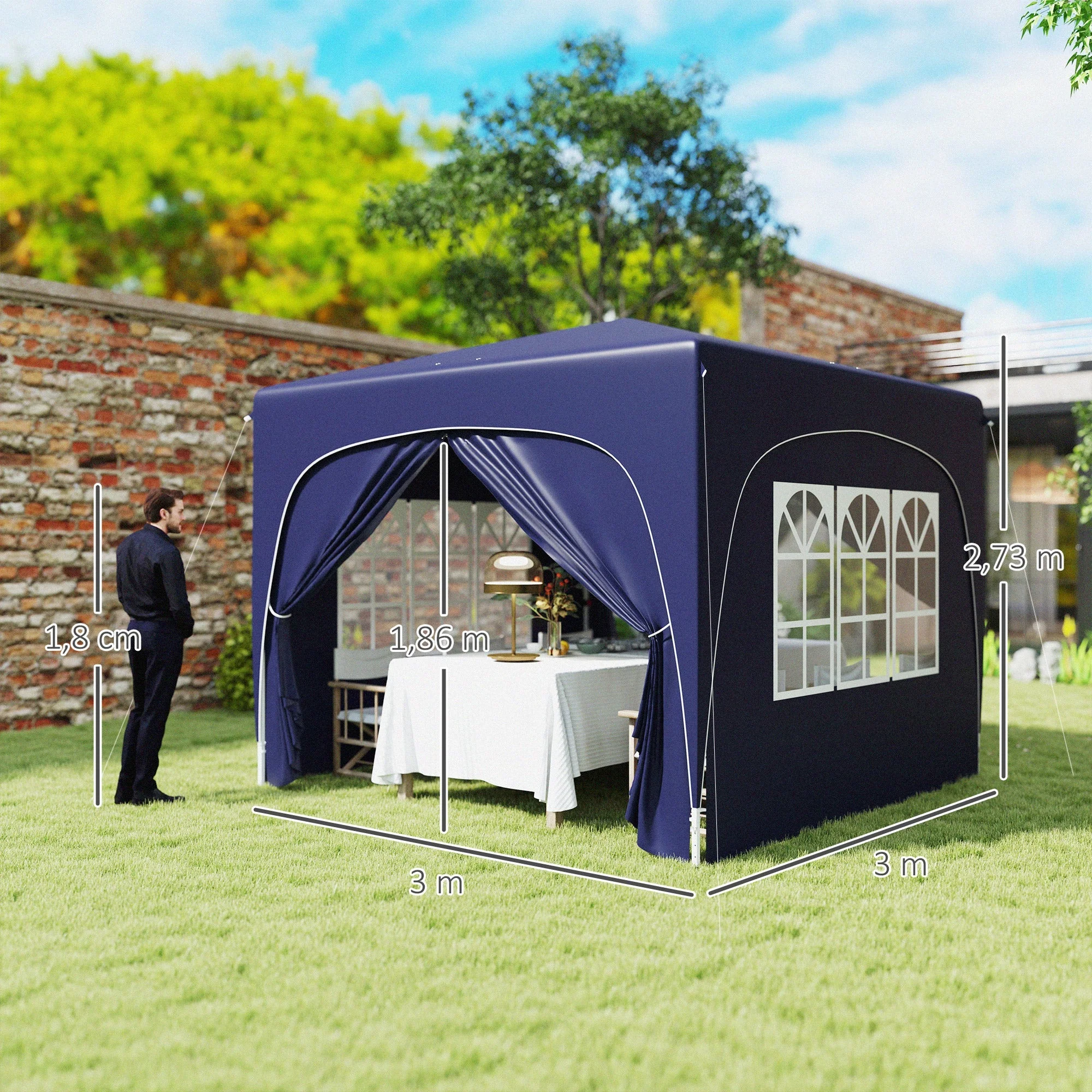 3x3m Gazebo Pop-Up Folding, Water-Repellent, UV 50+, 4 Side Panels, Dark Blue - Image 3