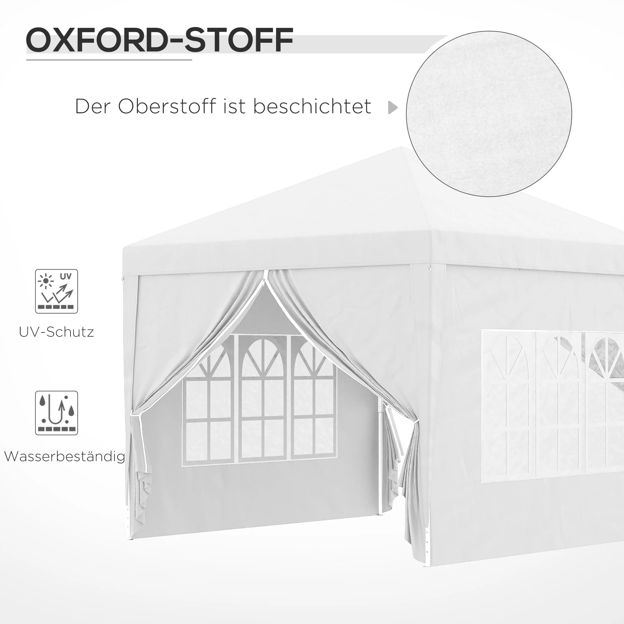 3x3m Pavilion with 4 Side Walls, Windows, UV Protection, Carrying Bag - White Steel & Oxford Fabric - Image 6