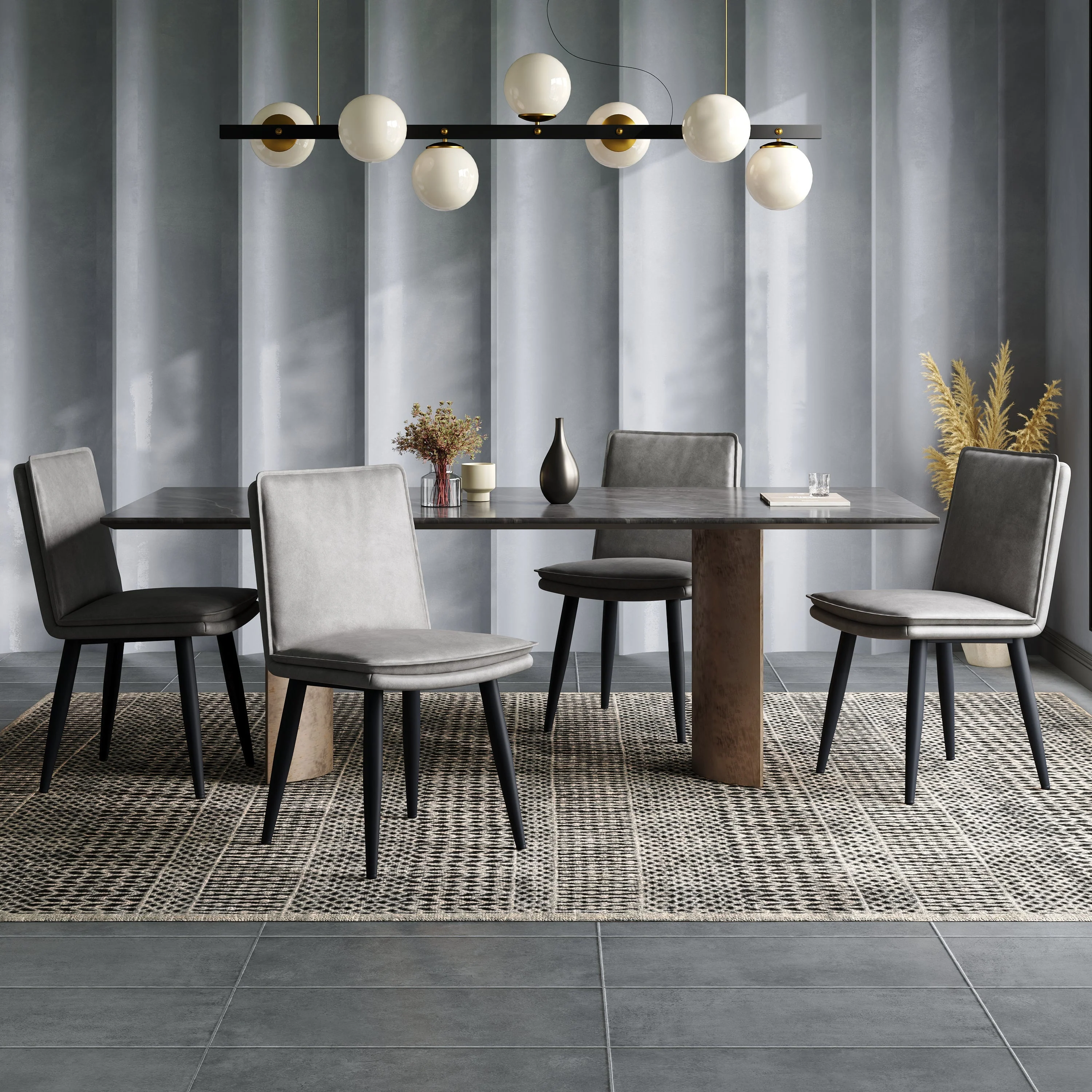 4 Dining Chairs PU Double Cushion Modern - Grey