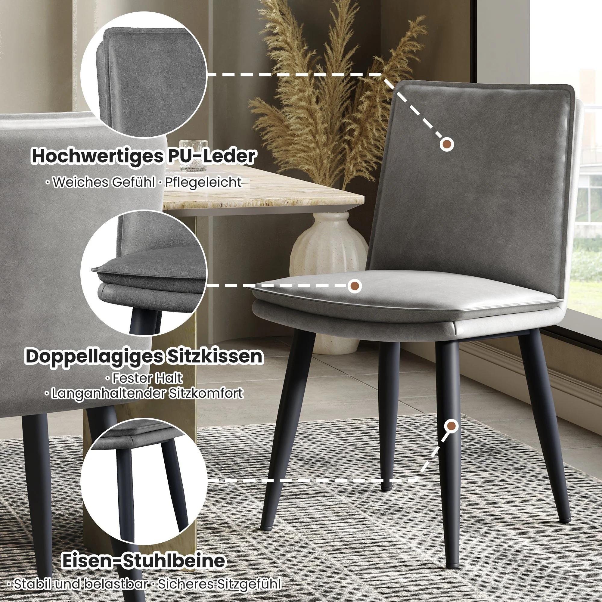 4 Dining Chairs PU Double Cushion Modern - Grey - Image 2