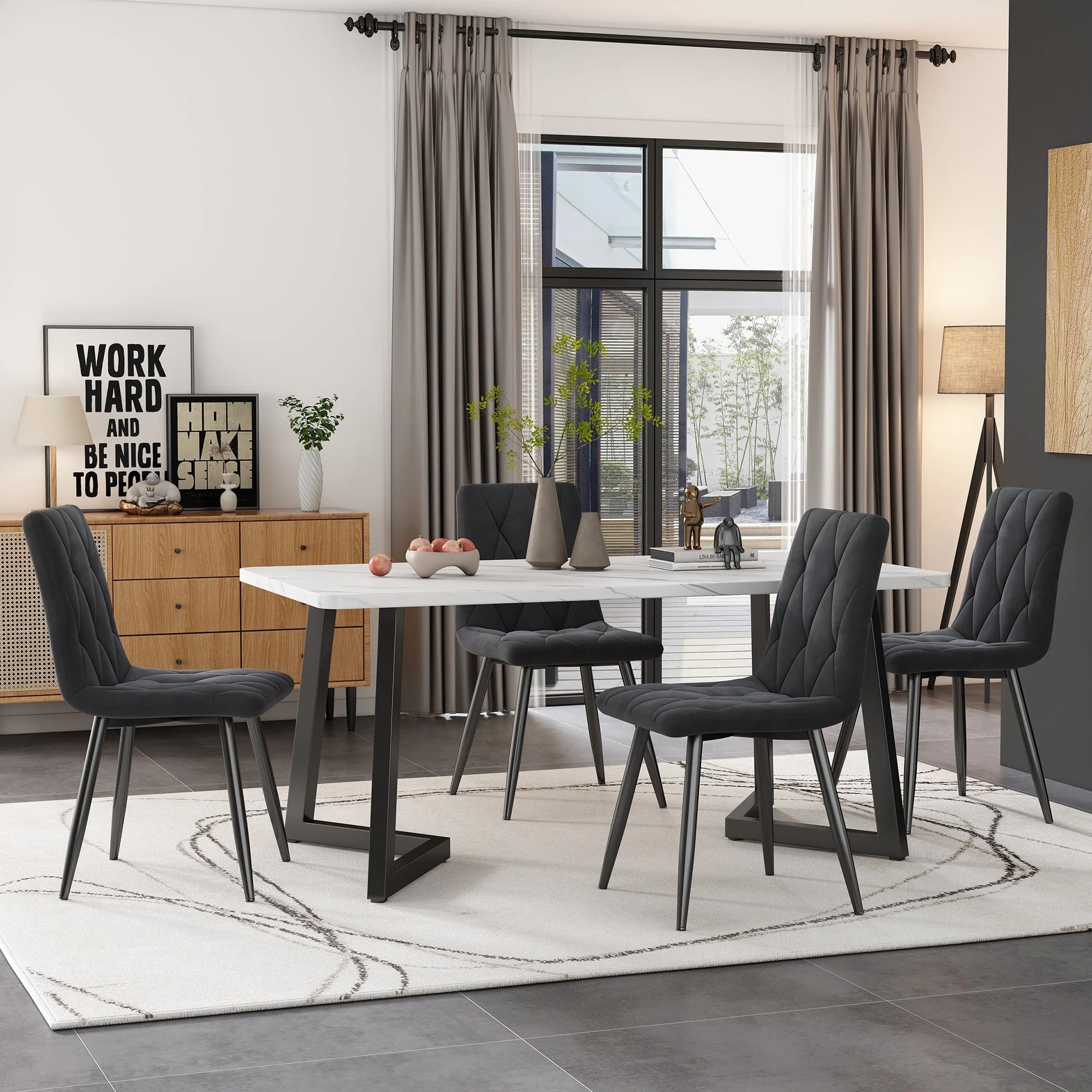 4 Dining Chairs Upholstered with Backrest Metal Legs Dark Grey Twill Velvet