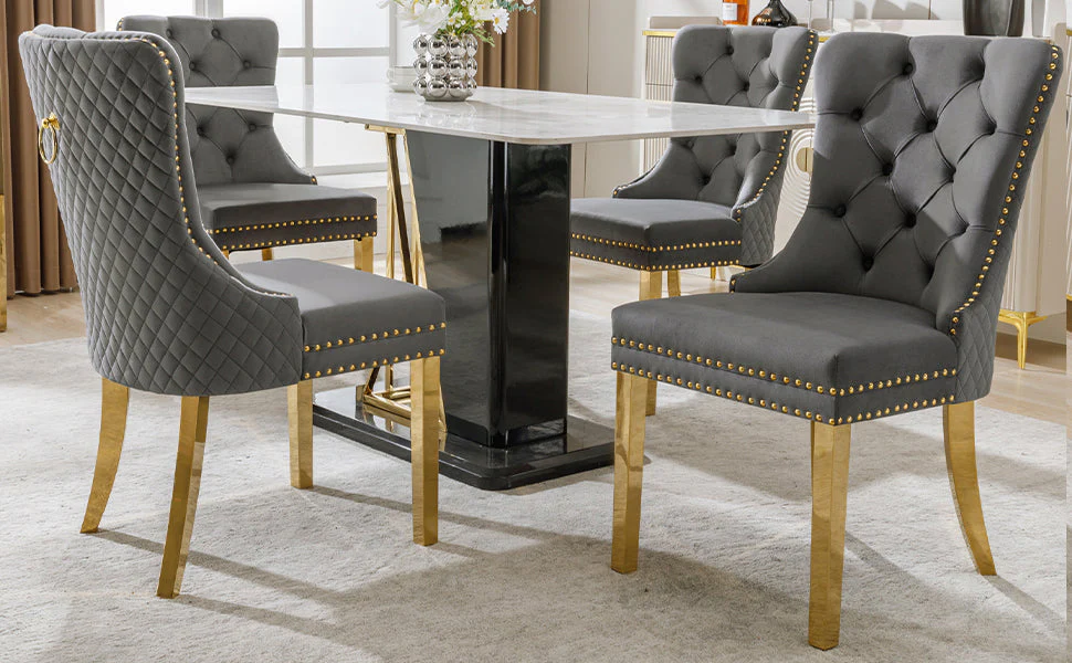 4 Dining Chairs Velvet Upholstered Round Pull Ring Back Gold Legs - Grey/Gold - Image 6
