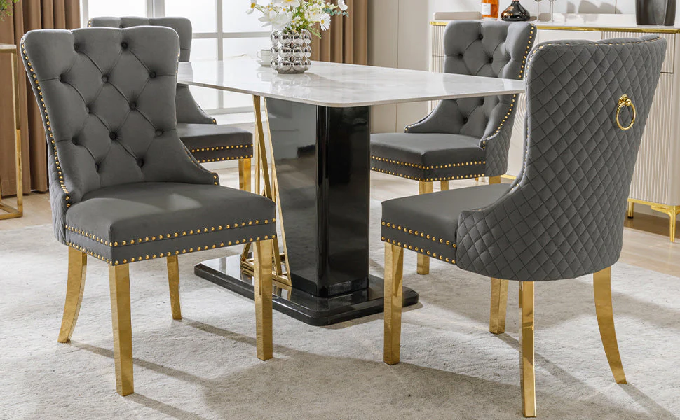 4 Dining Chairs Velvet Upholstered Round Pull Ring Back Gold Legs - Grey/Gold - Image 7