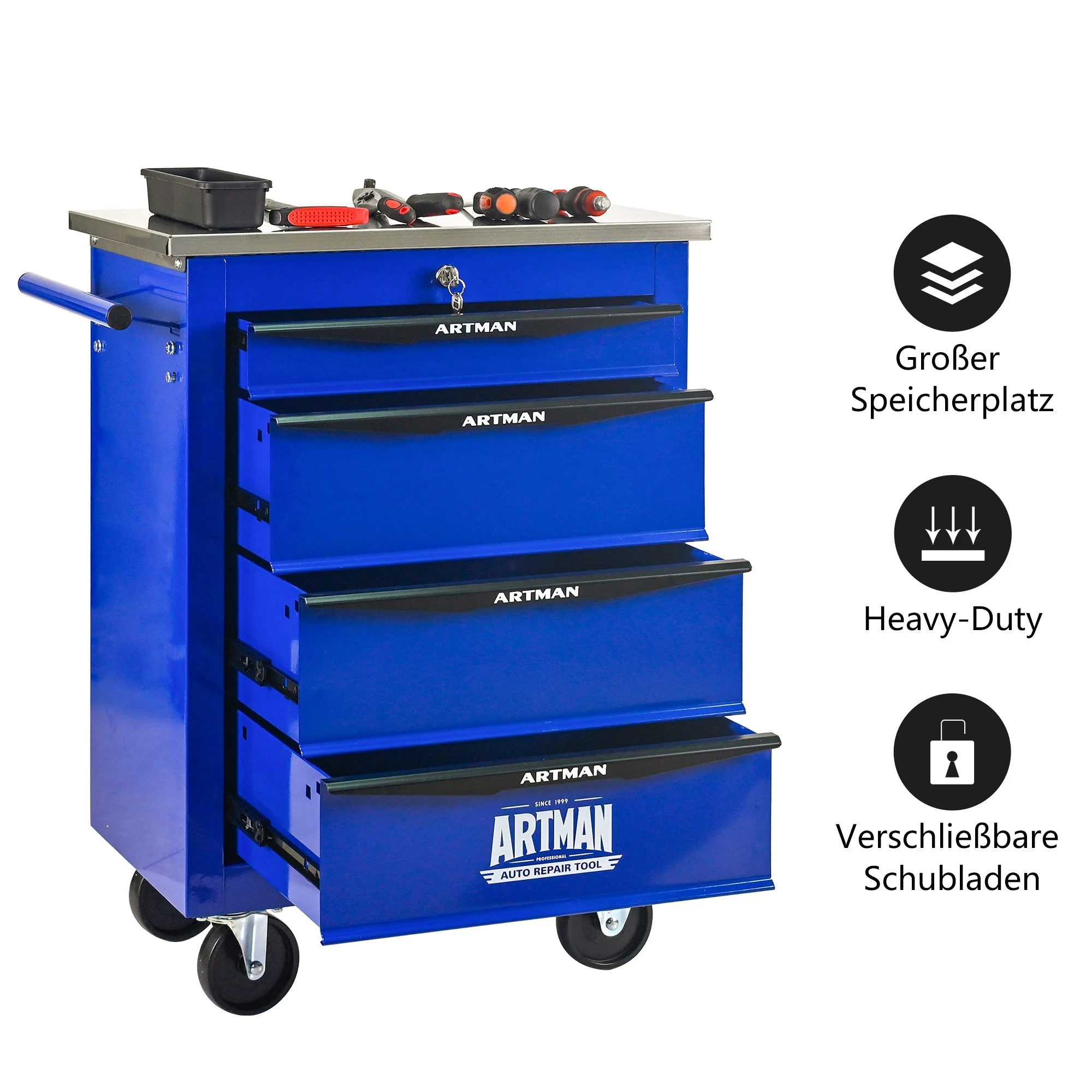 4-Drawer Tool Trolley, Multifunctional Rolling Storage, Metal, Black & Blue - Image 2