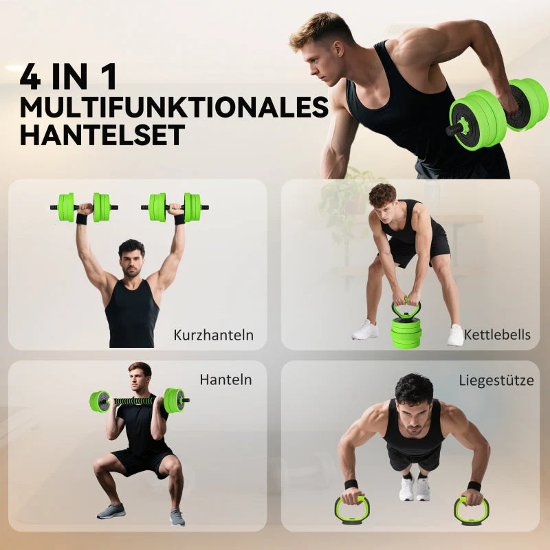 4 in 1 Dumbbell Set 20kg Adjustable Barbell Kettlebell Push-up Handles - Green - Image 4