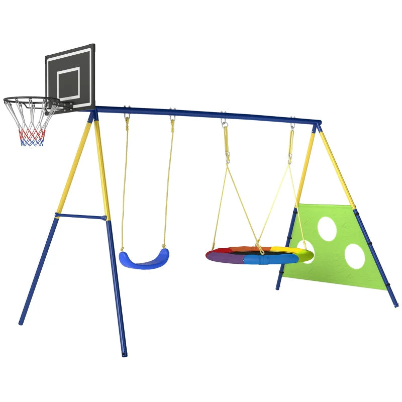 4-in-1 Swing Set with Nest Swing, Basketball Hoop and Football Goal, Metal - Image 2