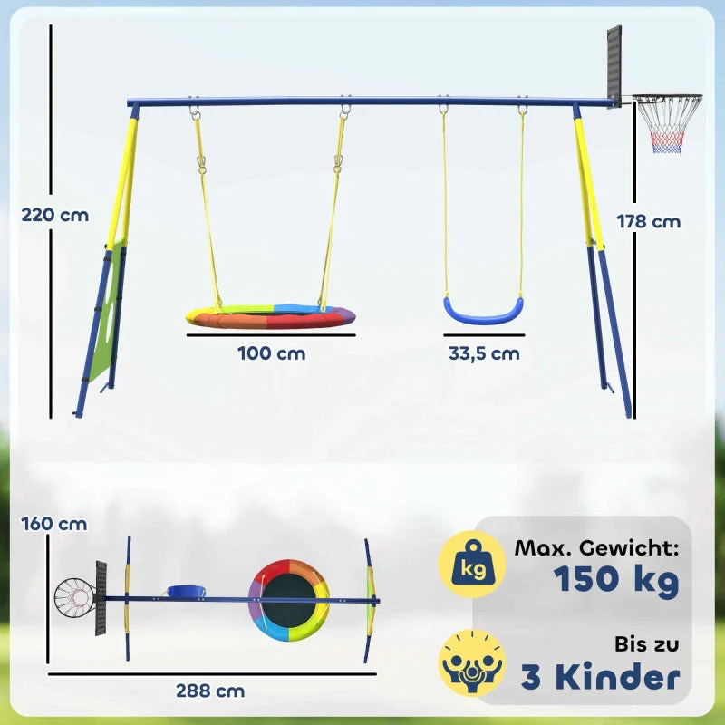 4-in-1 Swing Set with Nest Swing, Basketball Hoop and Football Goal, Metal - Image 3