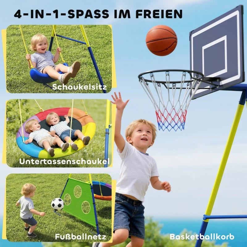 4-in-1 Swing Set with Nest Swing, Basketball Hoop and Football Goal, Metal - Image 4