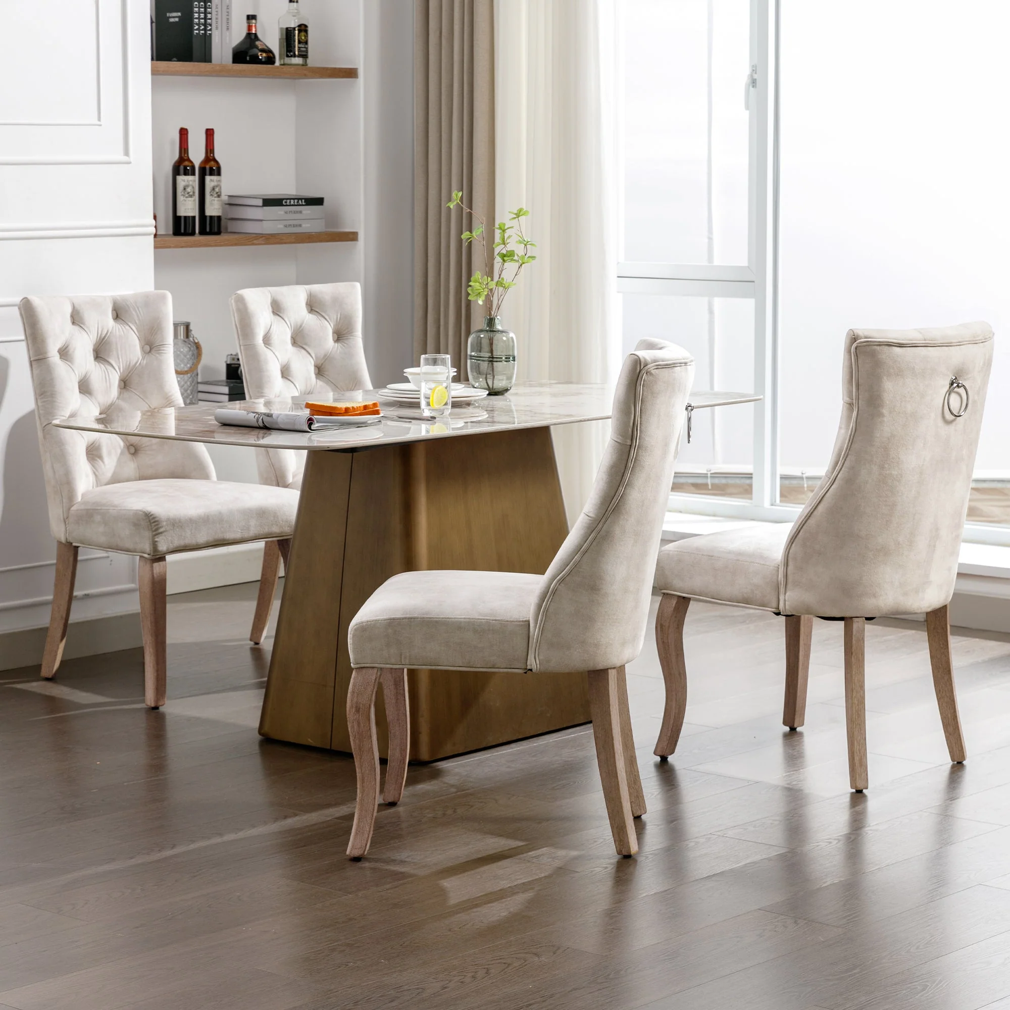 4-Legged Dining Chair Set, High Back Button Tufted Solid Wood (Set of 4), Light Beige Velvet - Image 6