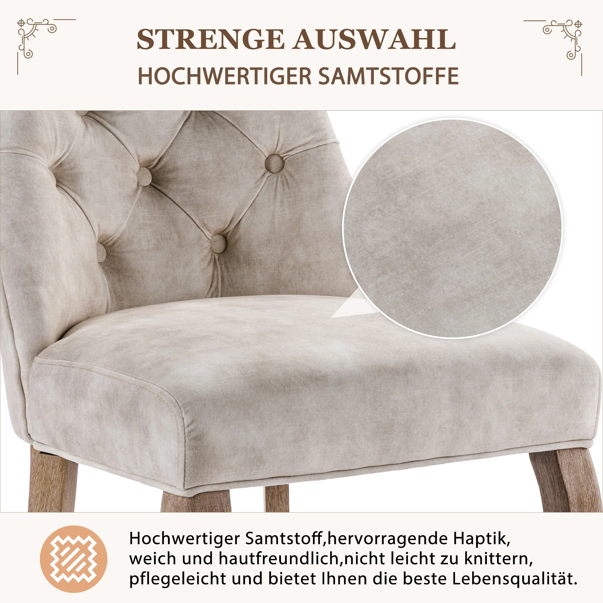 4-Legged Dining Chair Set, High Back Button Tufted Solid Wood (Set of 4), Light Beige Velvet - Image 9