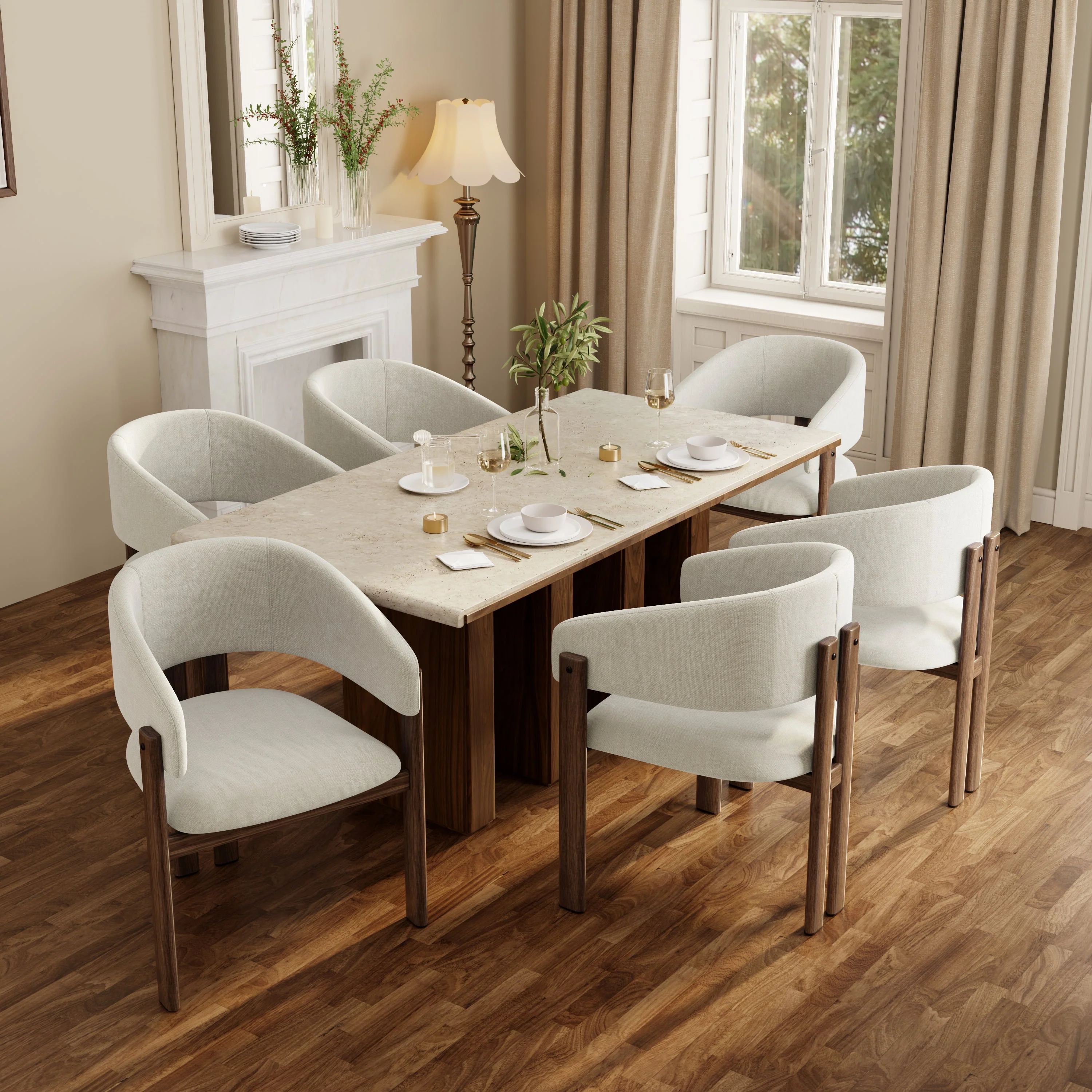 4 Metal Dining Chairs Modern Wood Look Linen Fabric Seat Walnut Color - Image 4