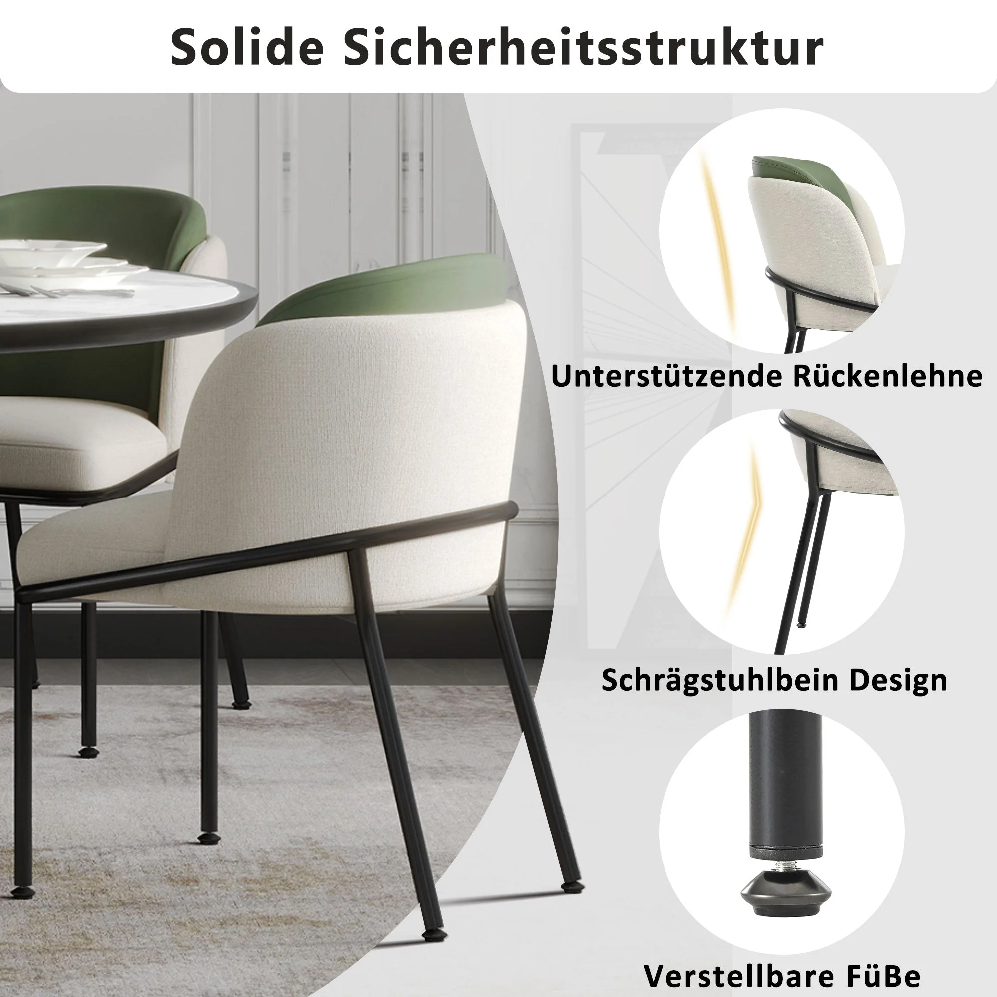 4 Modern Chairs Angled Legs Adjustable Feet - Beige/Green - Image 5