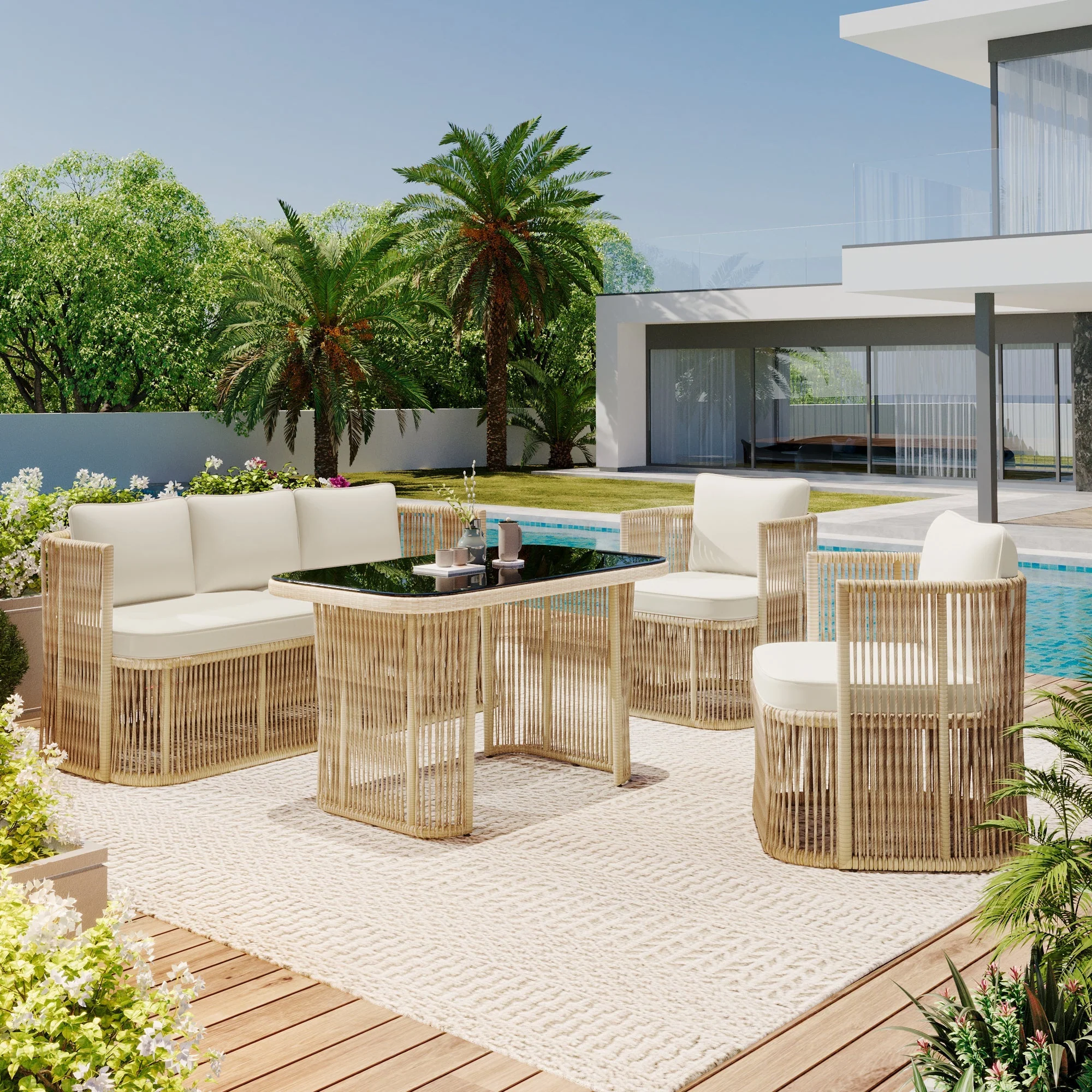 4-Piece Garden Furniture Set with 3-Seater Sofa, 2 Armchairs and Glass Table, PE Rattan and Steel - Image 3
